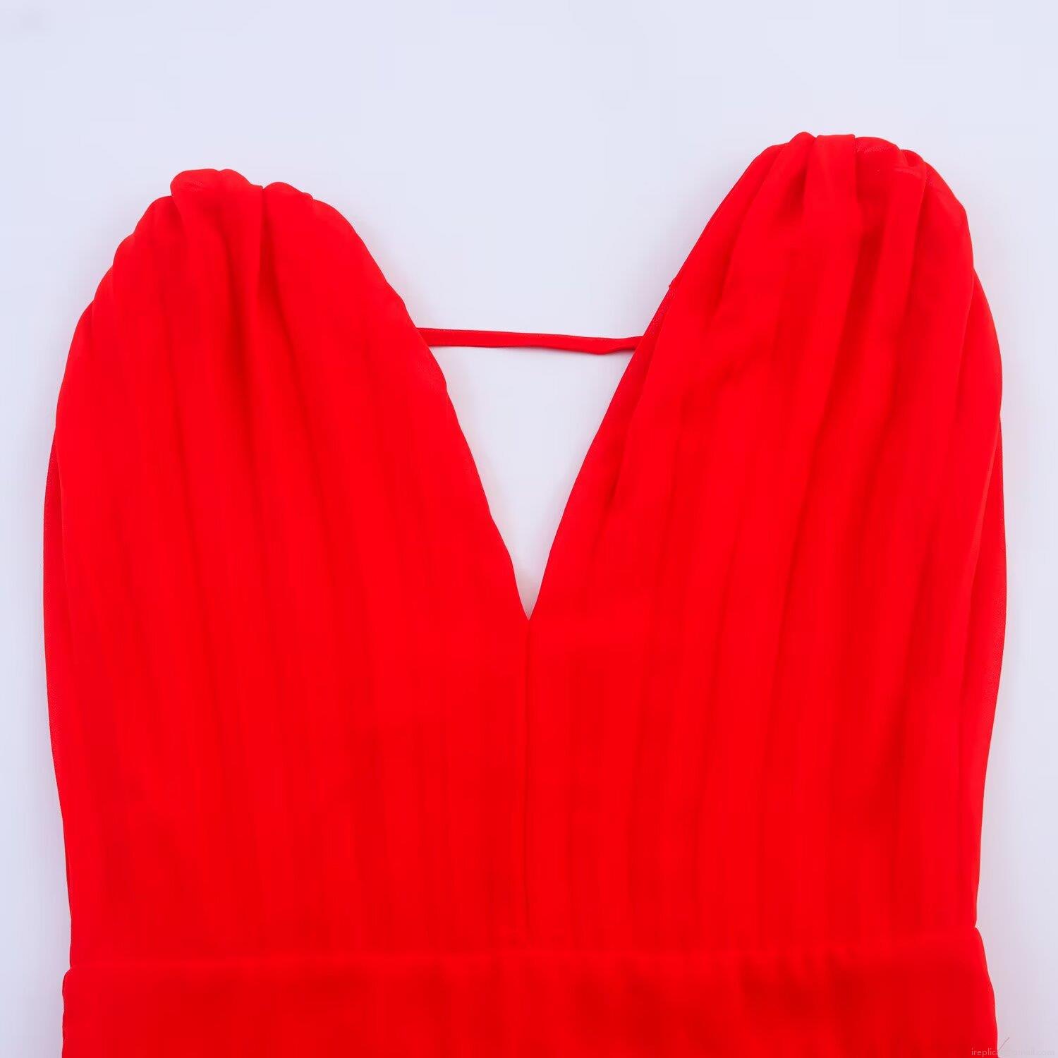 Women Elegant Red V-Neck Sleeveless Pleated Midi Dress Sophisticated Polyester Chiffon Back Zipper High Waist Flowy Party Event Dress