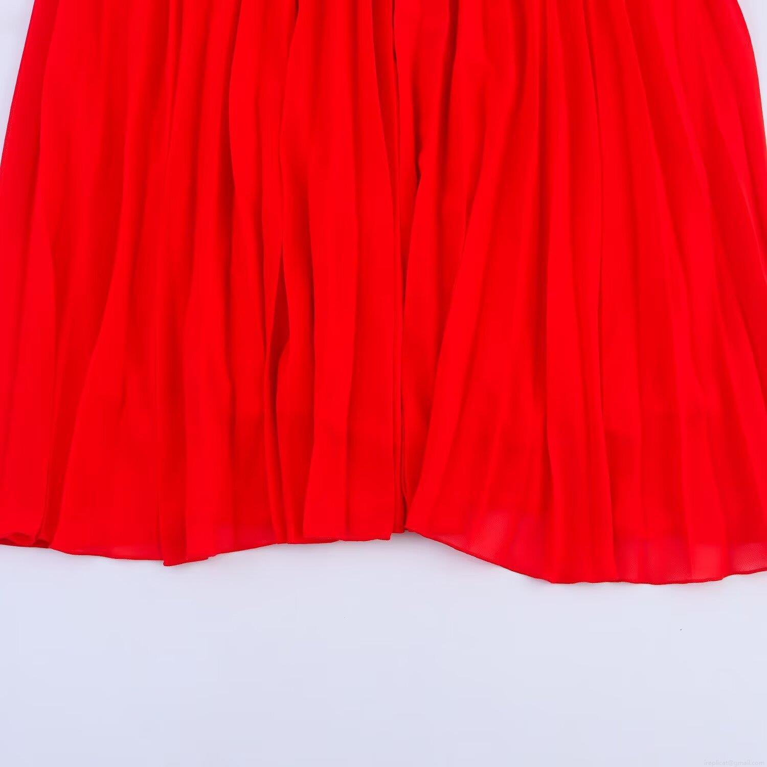 Women Elegant Red V-Neck Sleeveless Pleated Midi Dress Sophisticated Polyester Chiffon Back Zipper High Waist Flowy Party Event Dress