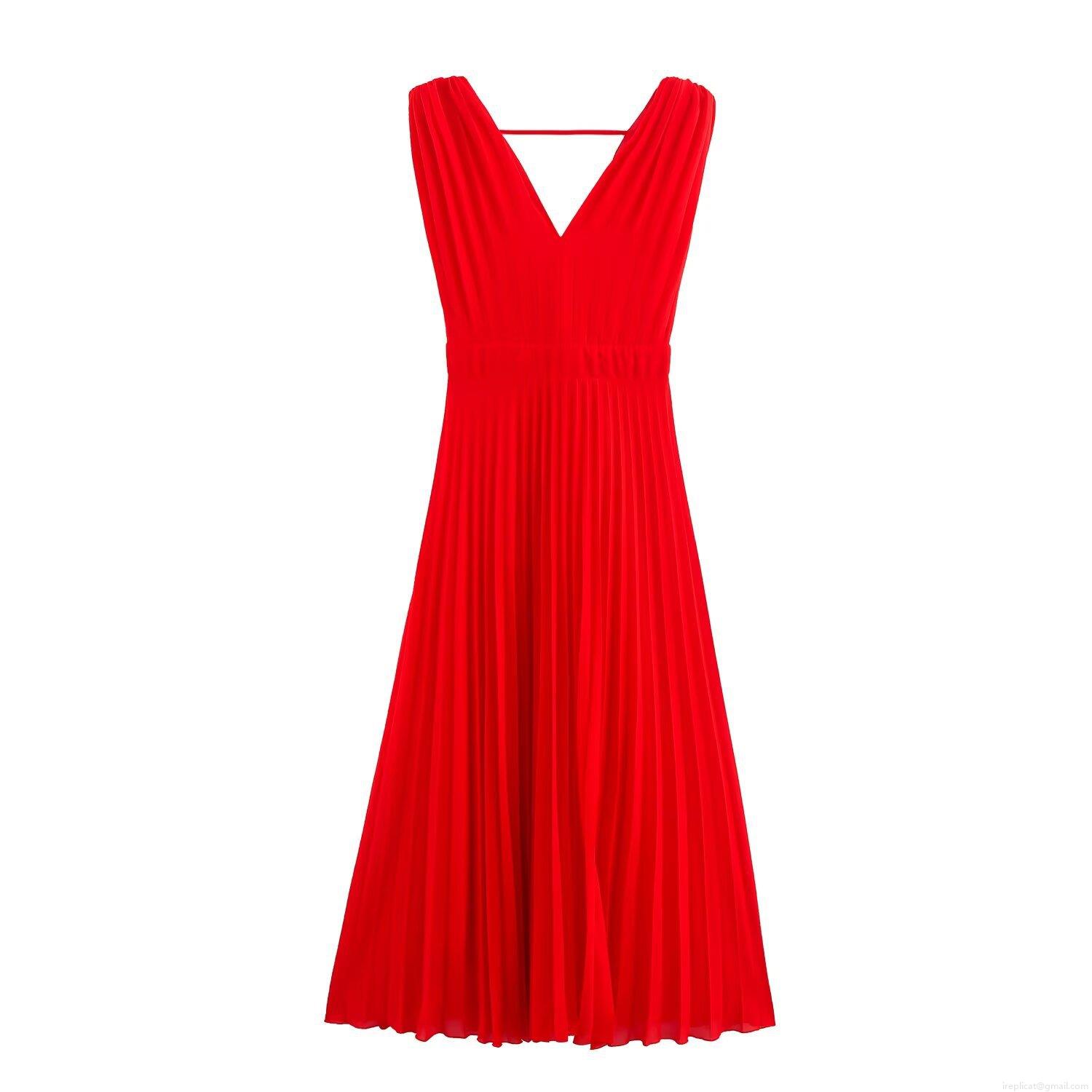 Women Elegant Red V-Neck Sleeveless Pleated Midi Dress Sophisticated Polyester Chiffon Back Zipper High Waist Flowy Party Event Dress