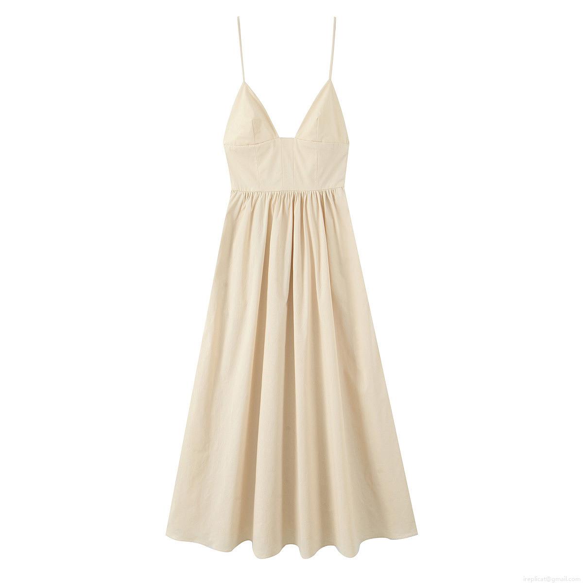 Women Elegant V-Neck Cami Polyester Poplin Midi Dress Solid Color Pleated A-Line Long Dress For Summer Party Vacation Daily Wear Women Elegant V-Neck Cami Polyester Poplin Midi Dress Solid Color Pleated A-Line Long Dress For Summer Party Vacation Daily Wear