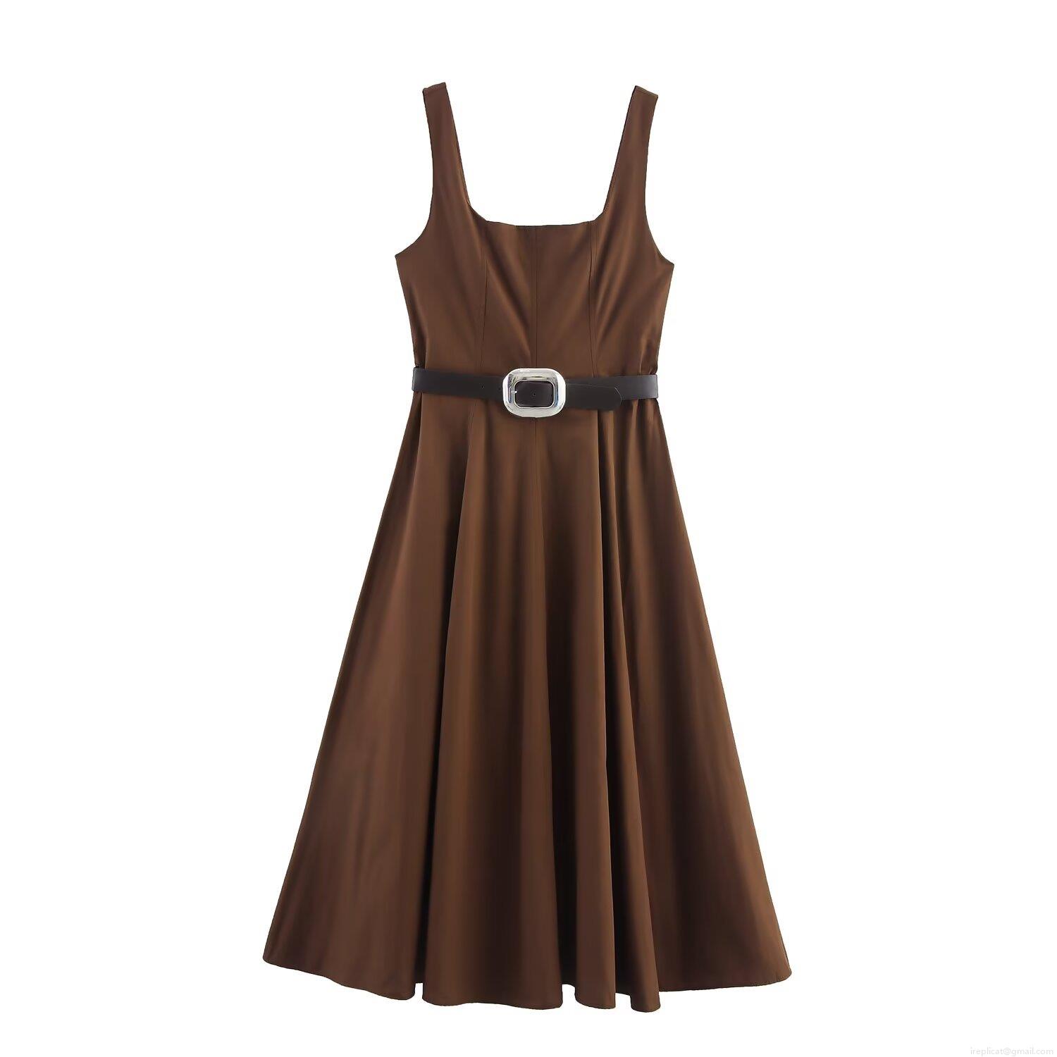 Elegant Polyester Poplin Square Neck Sleeveless Midi Dress With Black Belt Solid Coffee Brown Lady Style A-Line Sundress For Women Office Party Elegant Polyester Poplin Square Neck Sleeveless Midi Dress With Black Belt Solid Coffee Brown Lady Style A-Line Sundress For Women Office Party