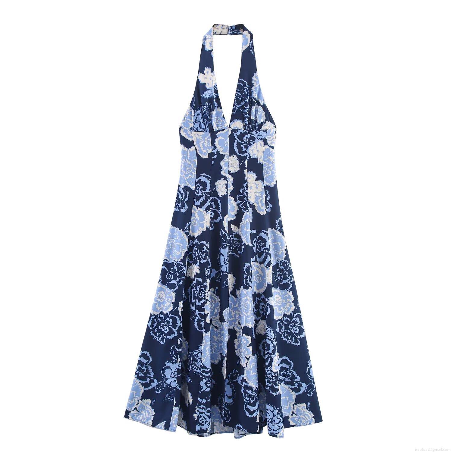 Elegant Navy Blue Floral Print Halter V-Neck Midi Dress Women Sleeveless High Waist A-Line Polyester Spandex Summer Party Dress Elegant Navy Blue Floral Print Halter V-Neck Midi Dress Women Sleeveless High Waist A-Line Polyester Spandex Summer Party Dress