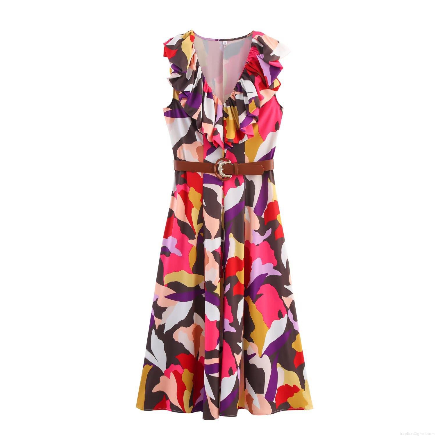Women's Elegant Abstract Geometric Print Sleeveless Midi Dress With V-Neck Ruffle Detail And Waist Belt Summer Casual Polyester Dress Women's Elegant Abstract Geometric Print Sleeveless Midi Dress With V-Neck Ruffle Detail And Waist Belt Summer Casual Polyester Dress