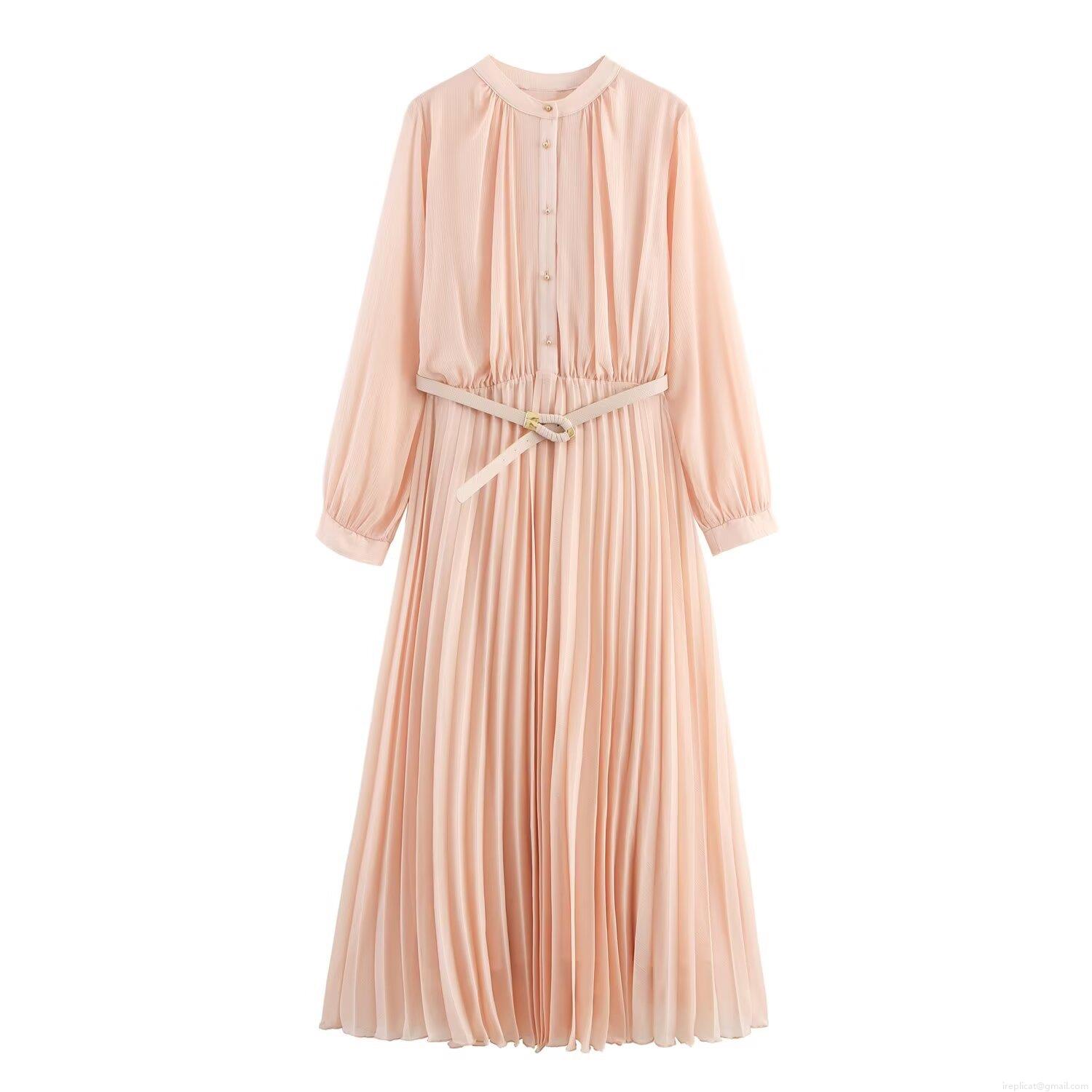 Women's Elegant Solid Color Pleated Chiffon Maxi Dress With Belt Long Sleeve Button Placket Round Neck Flowy Socialite Style Party Evening Midi Dress Women's Elegant Solid Color Pleated Chiffon Maxi Dress With Belt Long Sleeve Button Placket Round Neck Flowy Socialite Style Party Evening Midi Dress