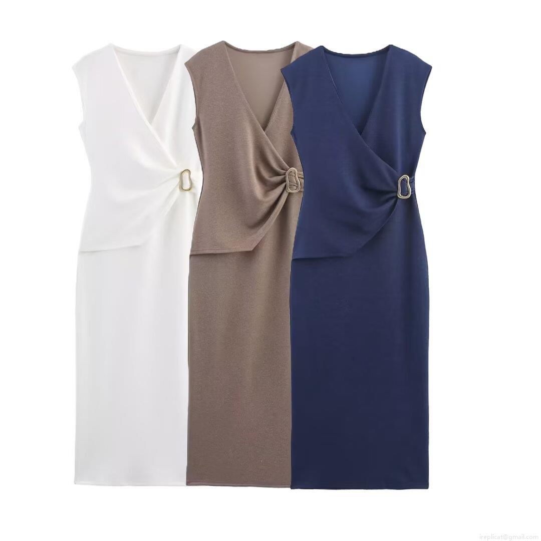 Women's Sleeveless V-Neck Midi Dress Elegant Polyester Twill Side Ruched Drape With Gold Metal Buckle Office Daily Party Long Dress For Ladies Women's Sleeveless V-Neck Midi Dress Elegant Polyester Twill Side Ruched Drape With Gold Metal Buckle Office Daily Party Long Dress For Ladies