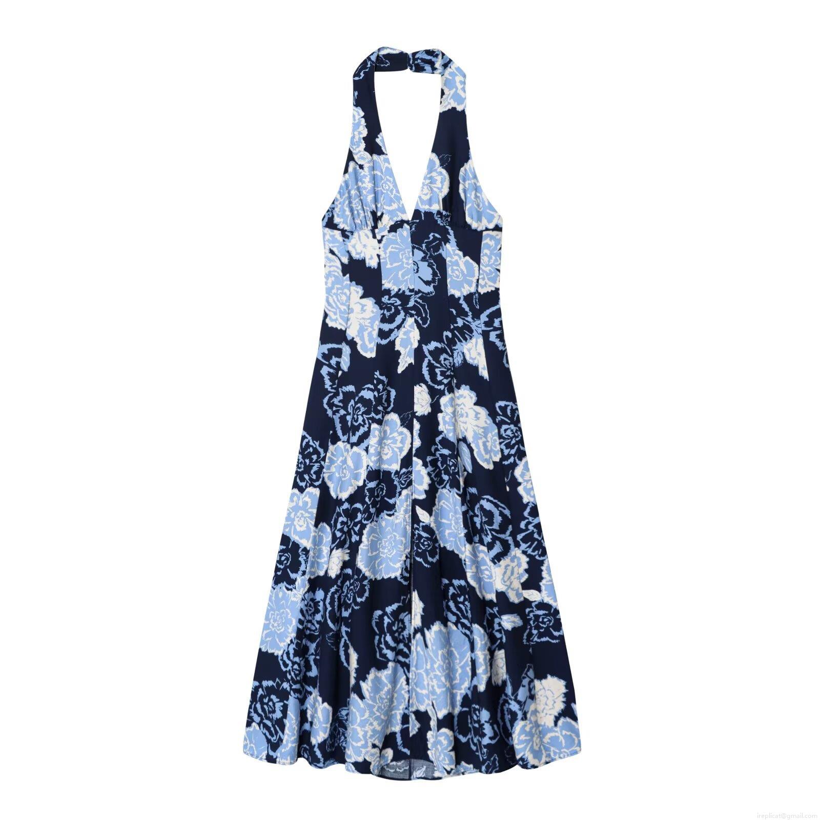 Women Sexy Halter Neck Floral Print Midi Dress Sleeveless Backless Summer Beach Vacation A-Line Flowy Party Sundress Elegant Floral Gown