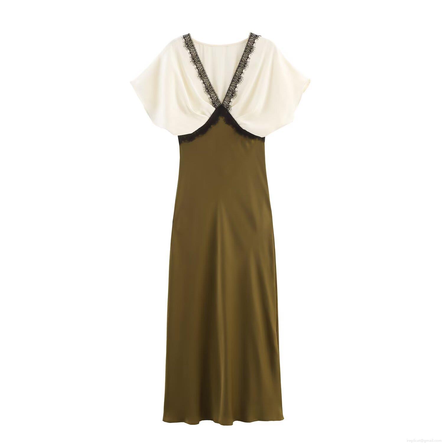 Elegant Colorblock Satin Midi Cami Dress For Women With Black Eyelash Lace V Neck Sleeveless Splicing Evening Party Cocktail Dress Elegant Colorblock Satin Midi Cami Dress For Women With Black Eyelash Lace V Neck Sleeveless Splicing Evening Party Cocktail Dress