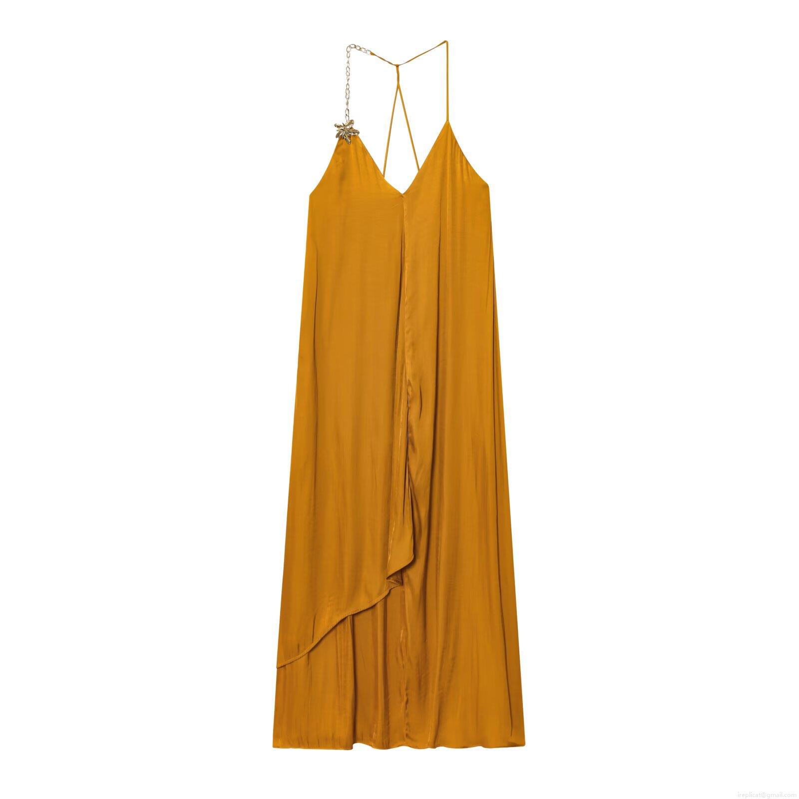 Women Mustard Yellow Satin Slip Midi Dress Metal Chain Star Flower Strap Sexy Deep V Neck Irregular Hem Acetate Hemp Party Nightclub Dress for Women Women Mustard Yellow Satin Slip Midi Dress Metal Chain Star Flower Strap Sexy Deep V Neck Irregular Hem Acetate Hemp Party Nightclub Dress for Women