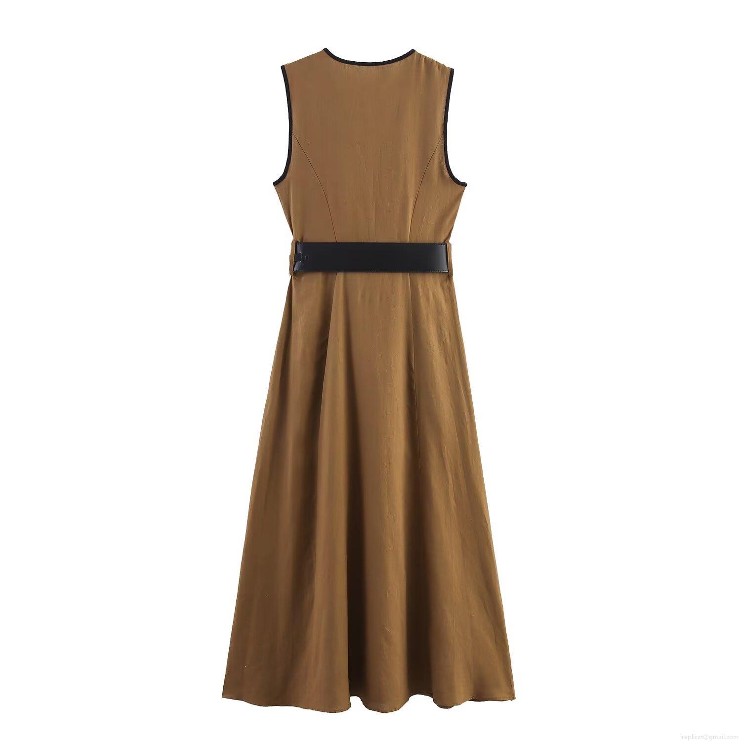 Women\'s Elegant V Neck Sleeveless Midi Dress Linen Blend Minimalist Solid Color Dress With Belt And Side Buttons For Summer Daily Party