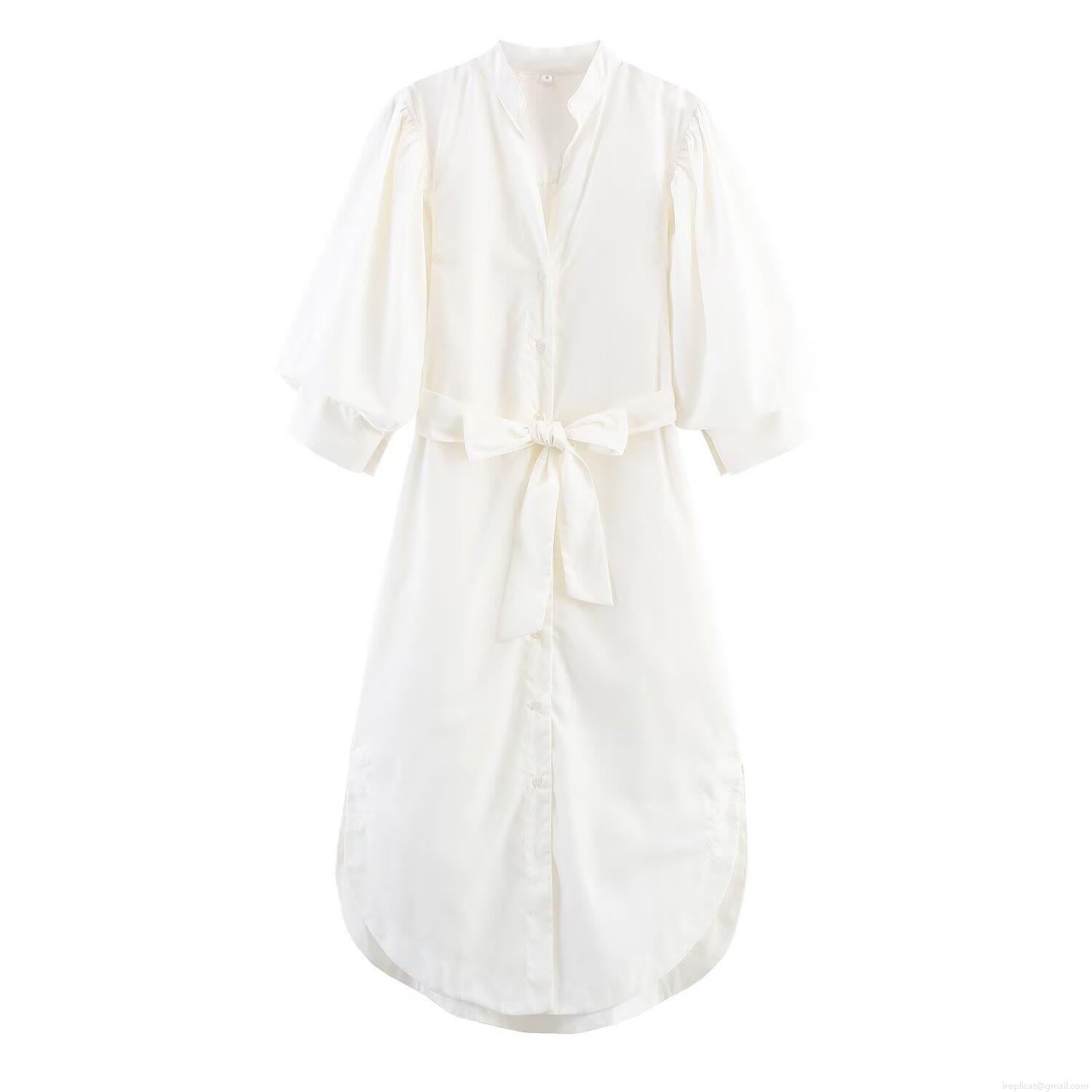 Women's Elegant Satin V-Neck Shirt Dress With Puff Long Lantern Sleeves And Tie Waist Solid Color White Midi Maxi Dress For Party Office Women's Elegant Satin V-Neck Shirt Dress With Puff Long Lantern Sleeves And Tie Waist Solid Color White Midi Maxi Dress For Party Office
