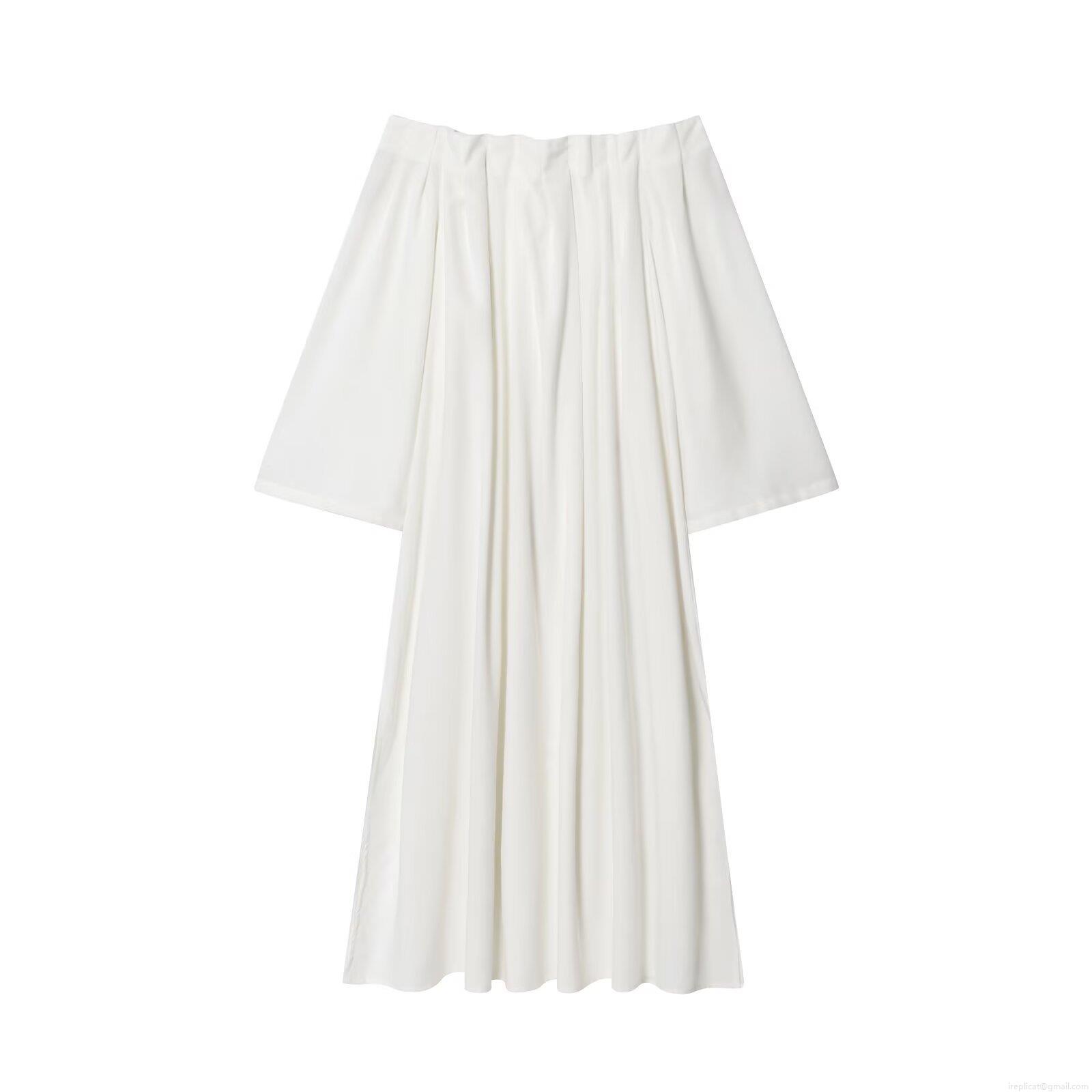 Women's Off-The-Shoulder Pleated Maxi Dress Elegant Solid White Trumpet Sleeve Loose Fit Long Summer Vacation Socialite Dress Women's Off-The-Shoulder Pleated Maxi Dress Elegant Solid White Trumpet Sleeve Loose Fit Long Summer Vacation Socialite Dress