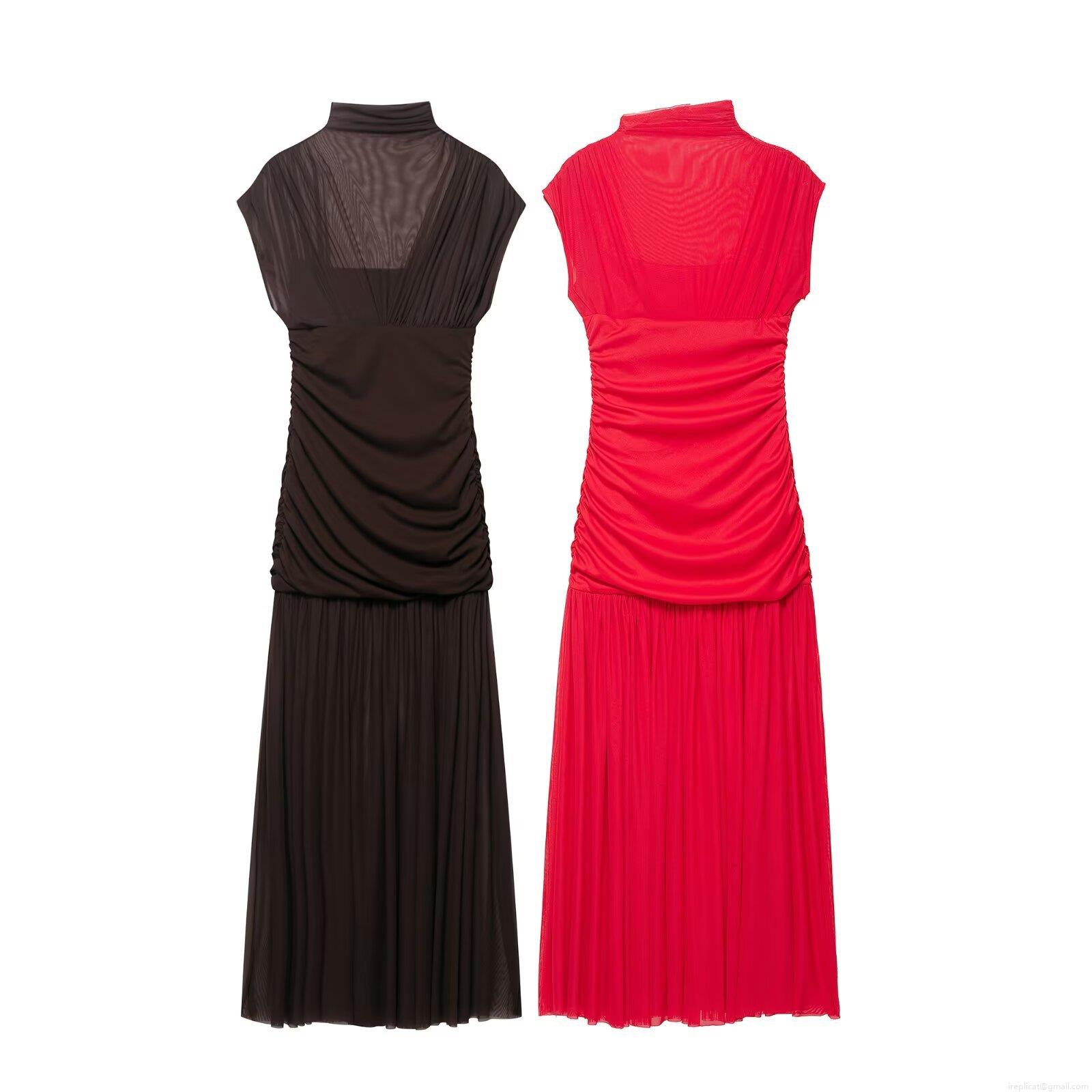 Women\'s Mesh Patchwork Pleated Midi Dress High Neck Sleeveless Shirred Waist Solid Color Elegant Sexy Slim Fit Party Dresses Women\'s Mesh Patchwork Pleated Midi Dress High Neck Sleeveless Shirred Waist Solid Color Elegant Sexy Slim Fit Party Dresses