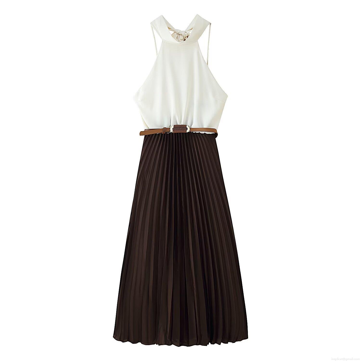 Elegant Halter Neck Pleated Midi Dress Contrast Color Sleeveless Back Bow Polyester Satin Socialite Summer Party Banquet Dress With Leather Belt Elegant Halter Neck Pleated Midi Dress Contrast Color Sleeveless Back Bow Polyester Satin Socialite Summer Party Banquet Dress With Leather Belt