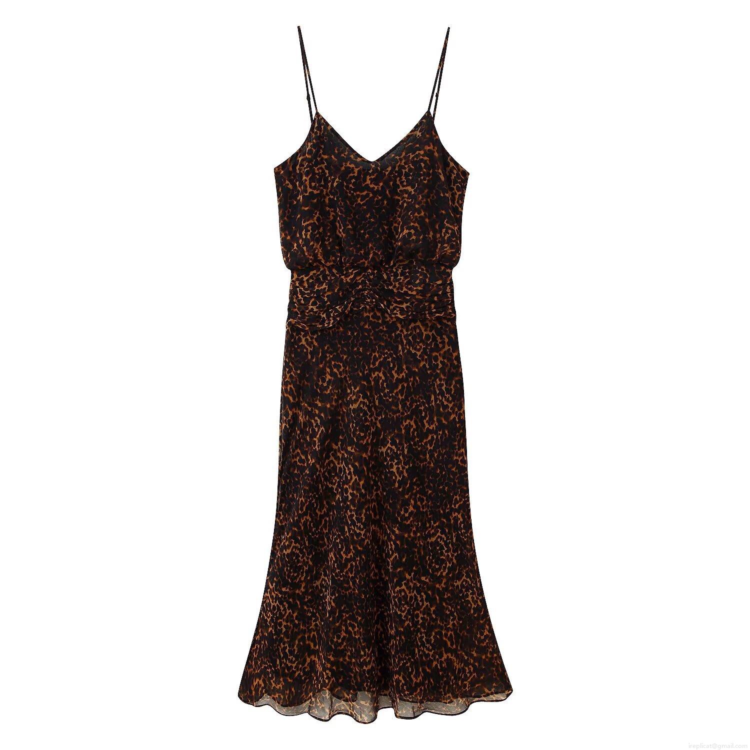 Women\'s Sexy Leopard Print Chiffon Polyester Spaghetti Strap Midi Dress V-Neck Ruffle Sleeveless Summer Party Sundress Celebrity Elegant Style