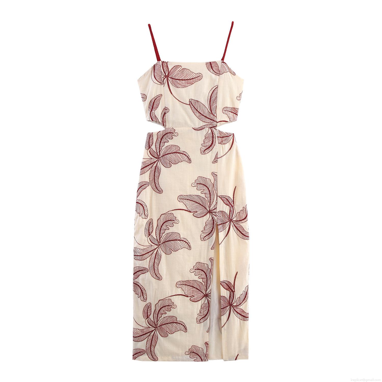 Women Summer Sexy Hollow Out Embroidery Midi Dress Cotton Blend Backless Side Slit Leaf Print Cami Dress For Vacation Beach Party Women Summer Sexy Hollow Out Embroidery Midi Dress Cotton Blend Backless Side Slit Leaf Print Cami Dress For Vacation Beach Party