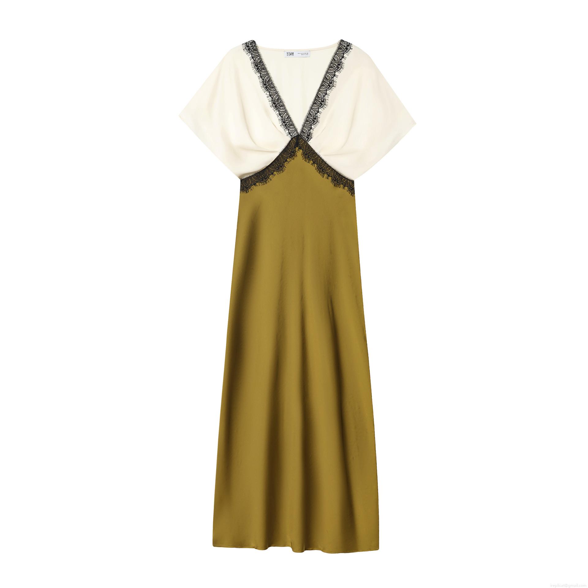 Elegant Color Block Double-sided Acetate Satin Midi Dress With Black Lace Trim V-Neck Short Sleeve Socialite Style Evening Party Dress For Women Elegant Color Block Double-sided Acetate Satin Midi Dress With Black Lace Trim V-Neck Short Sleeve Socialite Style Evening Party Dress For Women