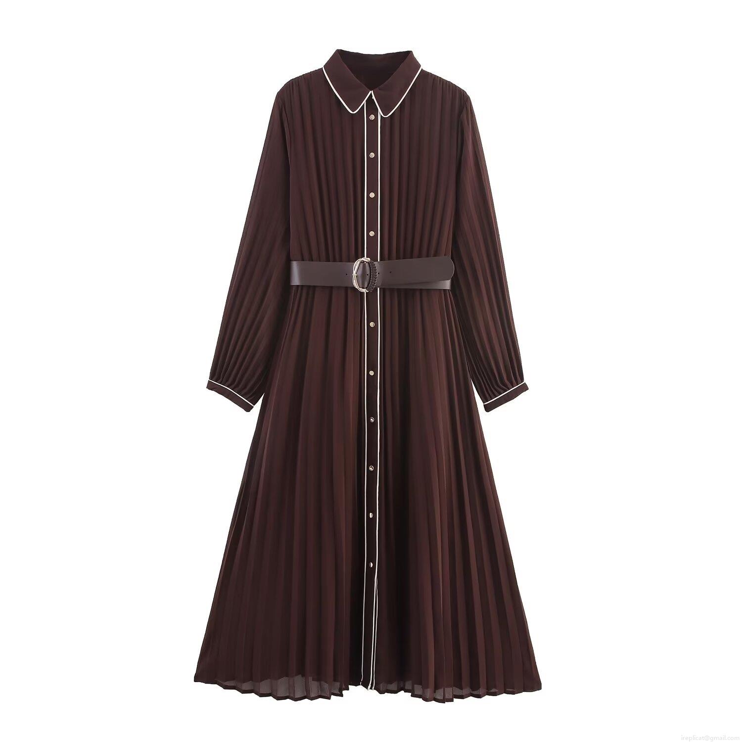 Elegant Pleated Midi Dress With Belt Women\'s Long Sleeve Shirt Collar Chiffon Dress Contrast Piping Button Down Socialite Evening Party Dress Elegant Pleated Midi Dress With Belt Women\'s Long Sleeve Shirt Collar Chiffon Dress Contrast Piping Button Down Socialite Evening Party Dress
