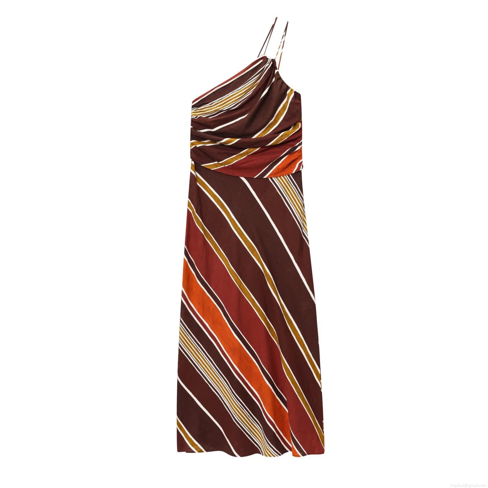 Elegant One Shoulder Asymmetrical Midi Dress Brown Orange Striped Sleeveless Pleated Waist Polyester Linen Party Evening Dress For Women Elegant One Shoulder Asymmetrical Midi Dress Brown Orange Striped Sleeveless Pleated Waist Polyester Linen Party Evening Dress For Women