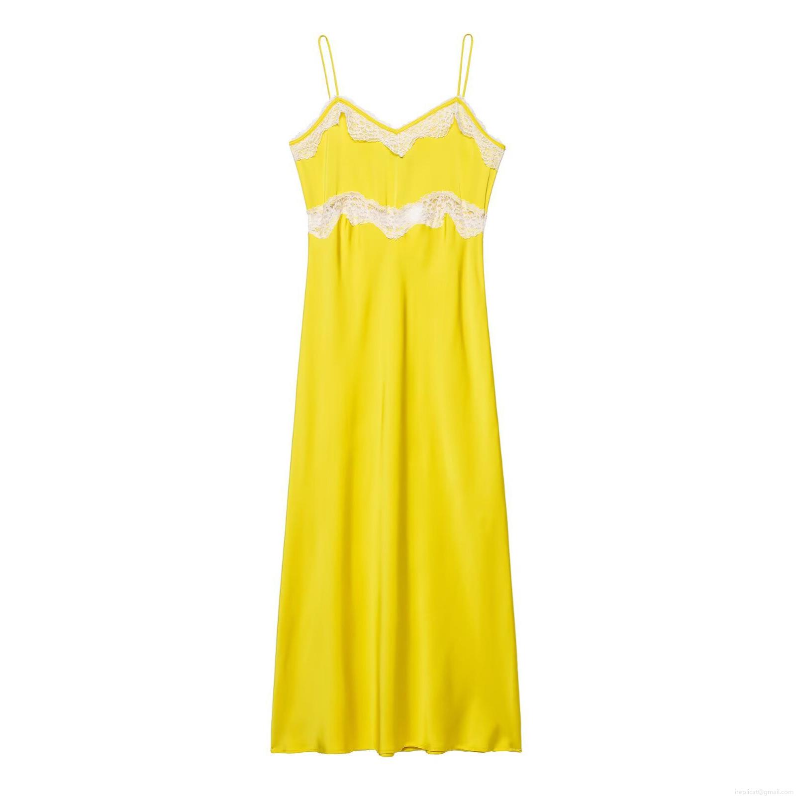 Elegant Yellow Satin Midi Dress With White Lace Trim Spaghetti Straps V-Neck Sleeveless Cocktail Party Evening Dress For Women Summer Fashion Elegant Style Elegant Yellow Satin Midi Dress With White Lace Trim Spaghetti Straps V-Neck Sleeveless Cocktail Party Evening Dress For Women Summer Fashion Elegant Style
