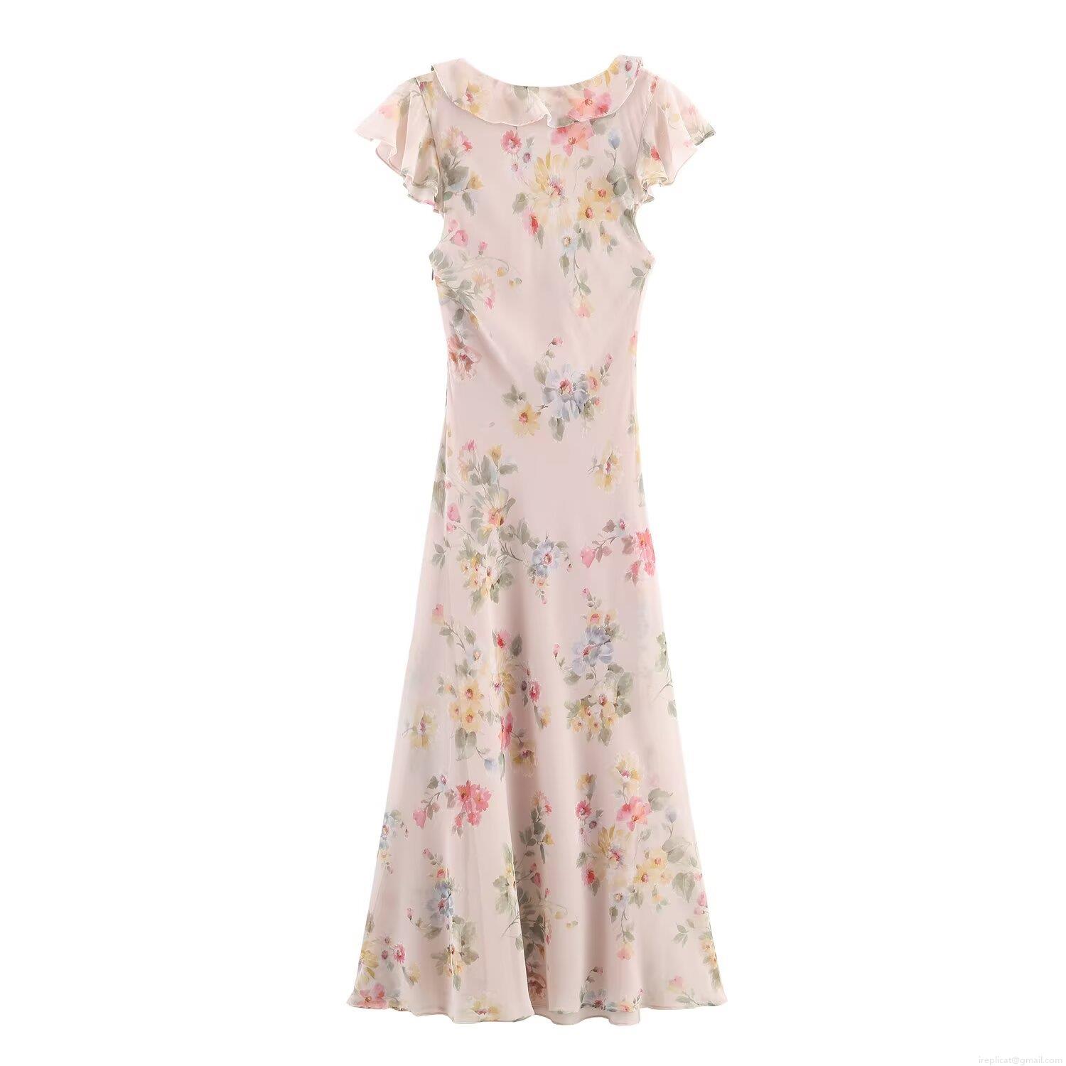Women\'s Floral Chiffon Midi Dress Elegant V-Neck Ruffle Sleeveless French Style Long Dress Summer Vacation Party Outfit