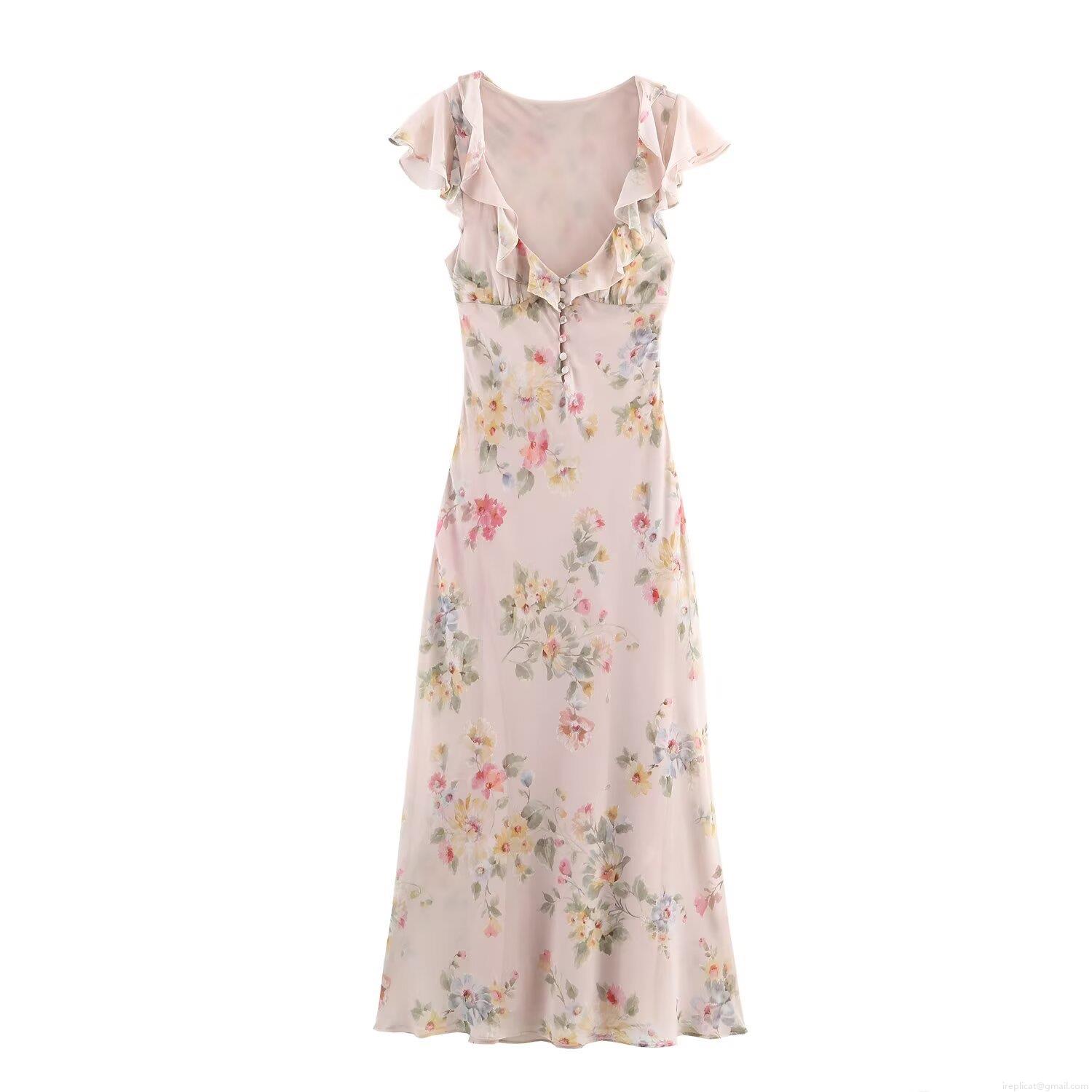 Women\'s Floral Chiffon Midi Dress Elegant V-Neck Ruffle Sleeveless French Style Long Dress Summer Vacation Party Outfit