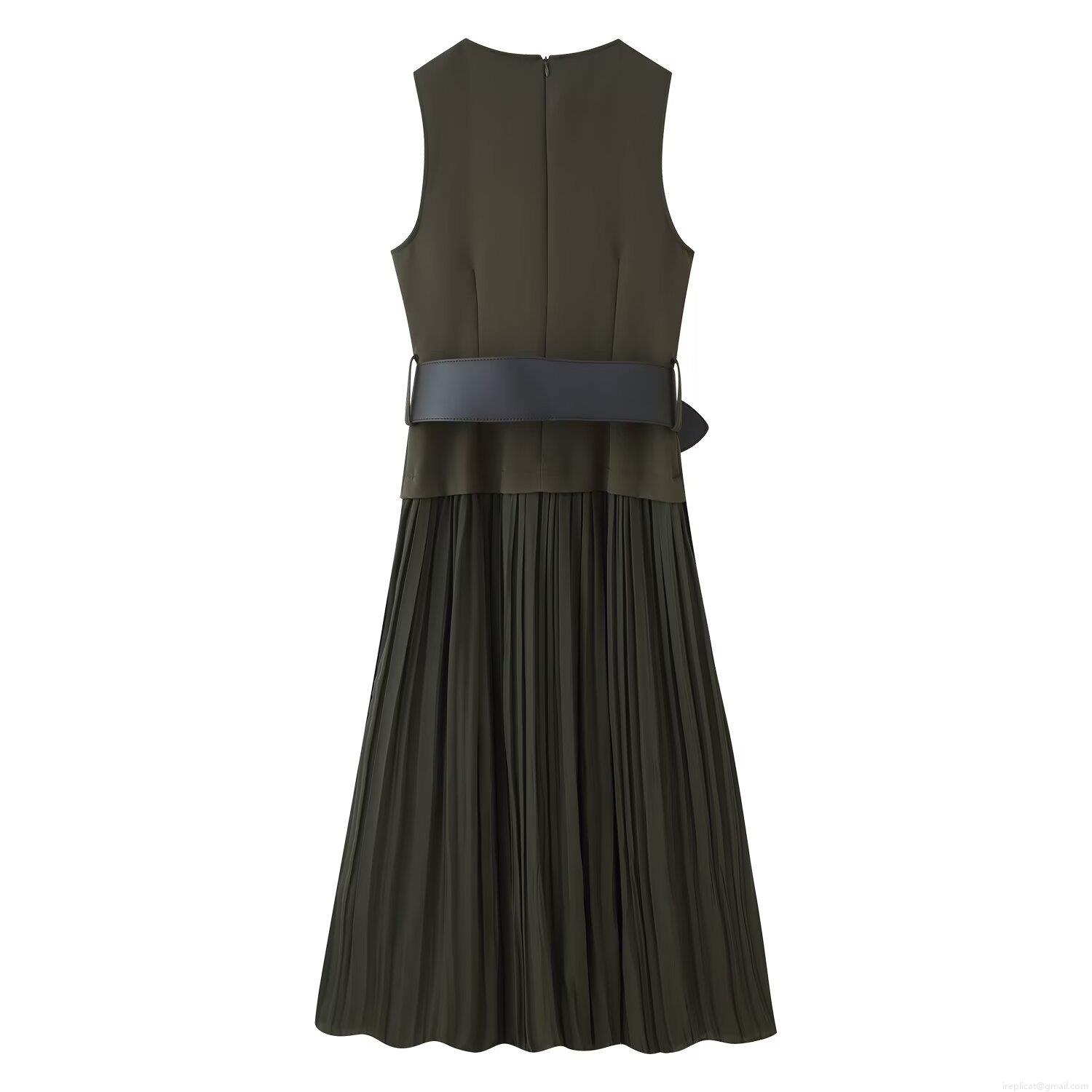 Elegant Women\'s Olive Green Sleeveless Midi Dress With Black PU Belt Gold Lion Head Buttons Pleated Skirt For Banquet Party Evening Socialite Style
