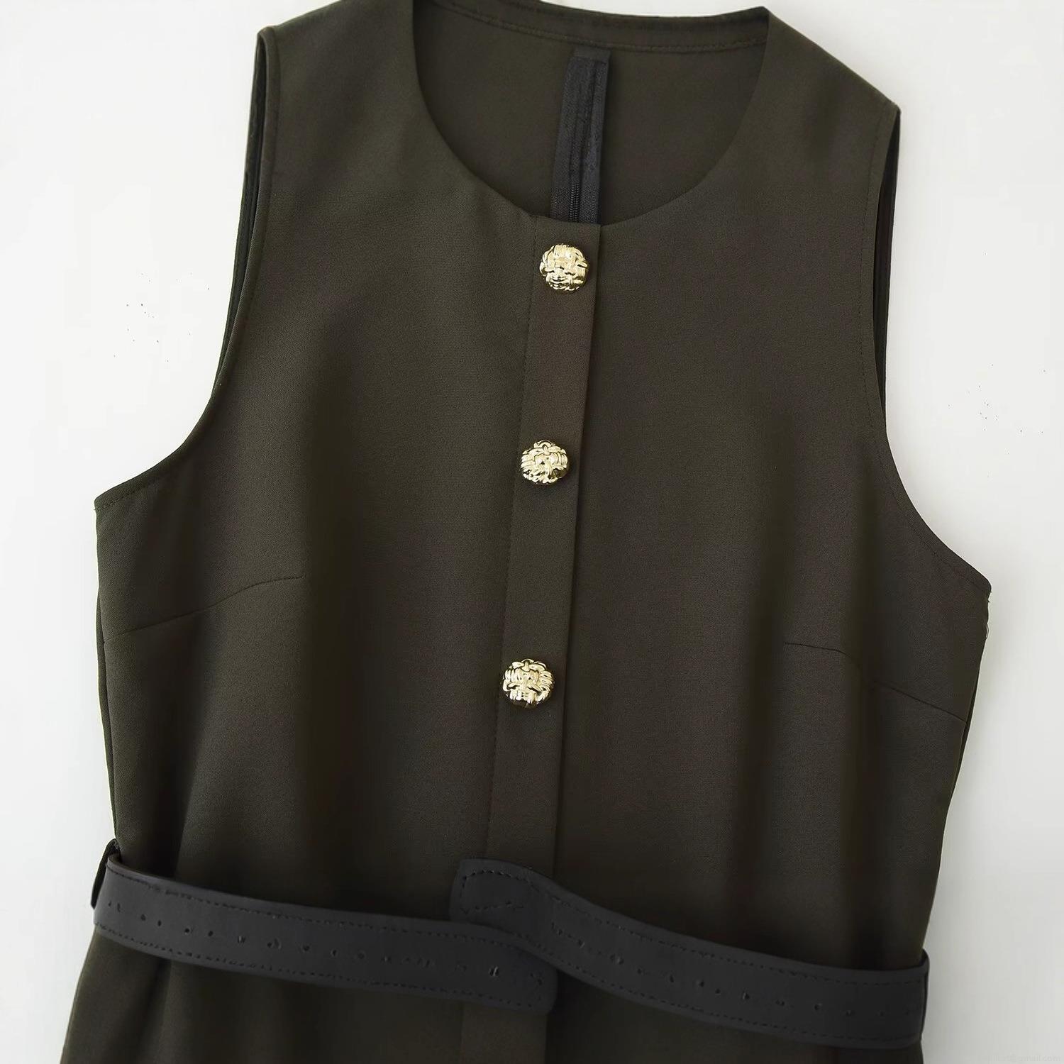 Elegant Women\'s Olive Green Sleeveless Midi Dress With Black PU Belt Gold Lion Head Buttons Pleated Skirt For Banquet Party Evening Socialite Style