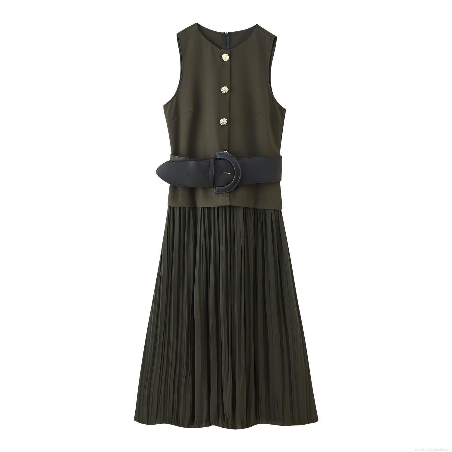Elegant Women\'s Olive Green Sleeveless Midi Dress With Black PU Belt Gold Lion Head Buttons Pleated Skirt For Banquet Party Evening Socialite Style