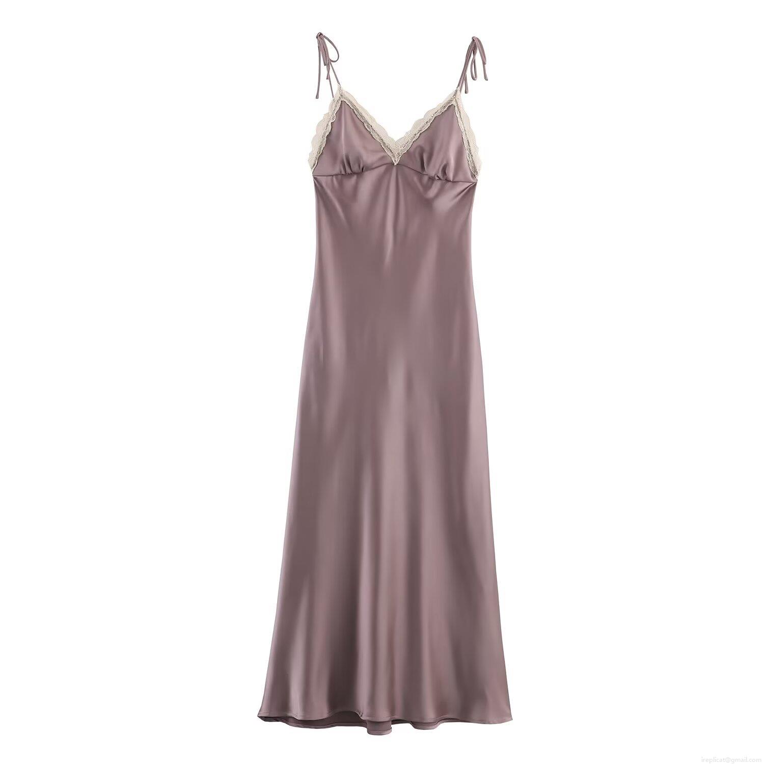 Women Elegant Satin Midi Cami Dress Lace Trim Patchwork V-Neck Tie Straps Bow Backless Slim Fit Slip Dress For Party Club Night Out Evening Event
