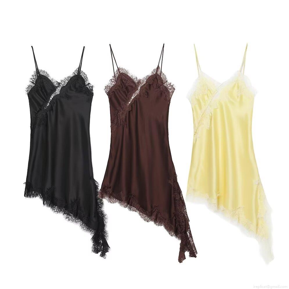 Women's Satin Lace Trim Slip Dress Elegant V-Neck Asymmetric Hem Spaghetti Strap Midi Dress For Party Dating Sleeveless Silk Texture Dress Women's Satin Lace Trim Slip Dress Elegant V-Neck Asymmetric Hem Spaghetti Strap Midi Dress For Party Dating Sleeveless Silk Texture Dress