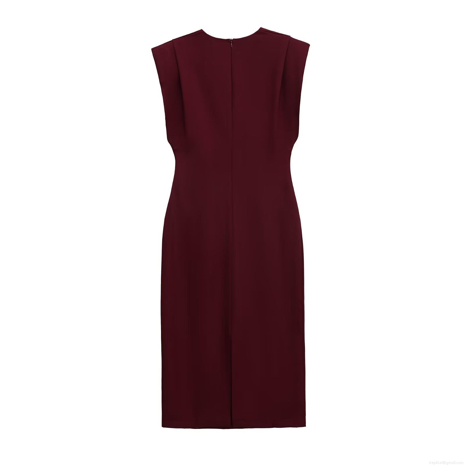 Women\'s Elegant Wine Red V-neck Sleeveless Midi Dress With Waist Pleats And Back Slit Slim Fit Polyester Party Banquet Sexy Long Dress