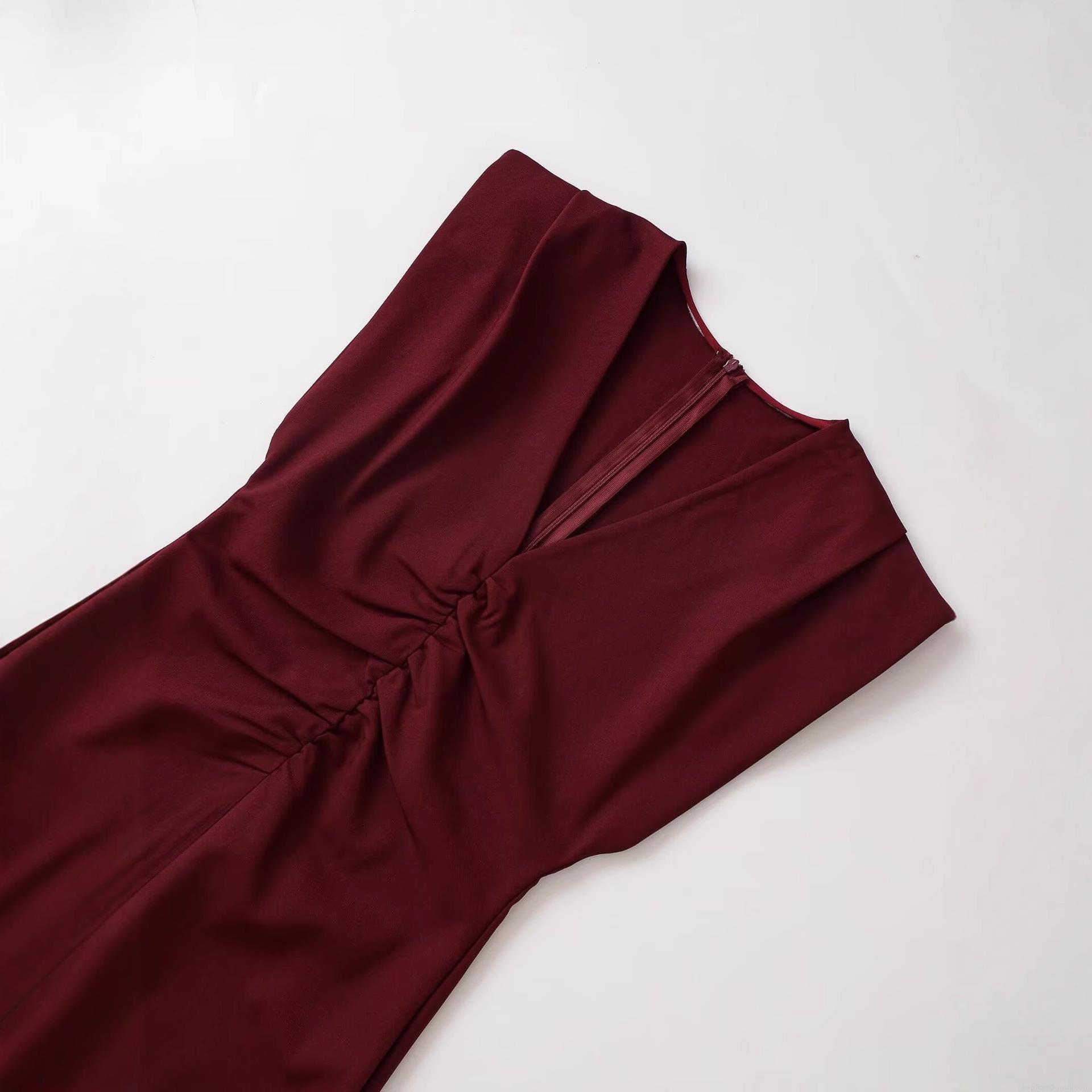 Women\'s Elegant Wine Red V-neck Sleeveless Midi Dress With Waist Pleats And Back Slit Slim Fit Polyester Party Banquet Sexy Long Dress