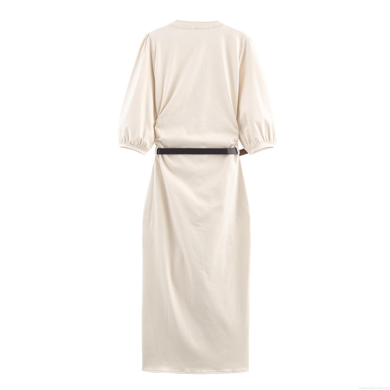 Elegant Women Puff Sleeve V Neck Midi Dress With Belt French Retro Solid Color Cotton Blend Denim Dress For Dating Daily Wear