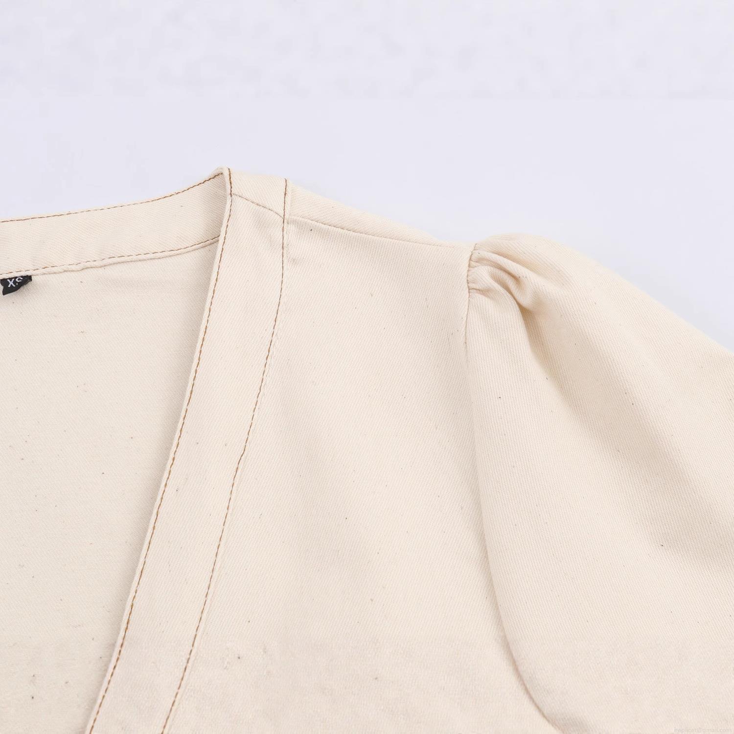 Elegant Women Puff Sleeve V Neck Midi Dress With Belt French Retro Solid Color Cotton Blend Denim Dress For Dating Daily Wear