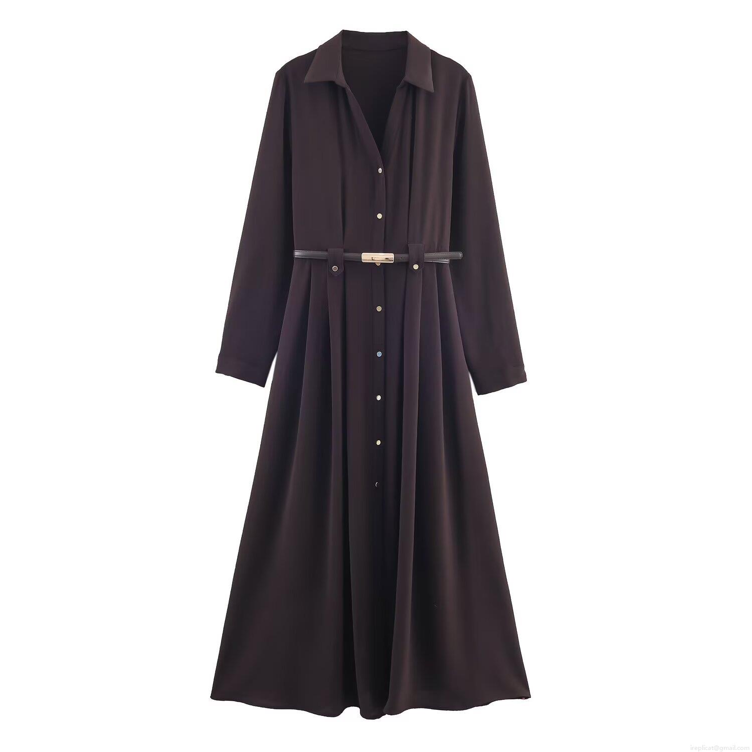 Elegant Women's Shirt Dress Long Sleeve Solid Color Maxi Dress With Belt Gold Button Down A-Line Midi Dress For Office Party Socialite Style Elegant Women's Shirt Dress Long Sleeve Solid Color Maxi Dress With Belt Gold Button Down A-Line Midi Dress For Office Party Socialite Style