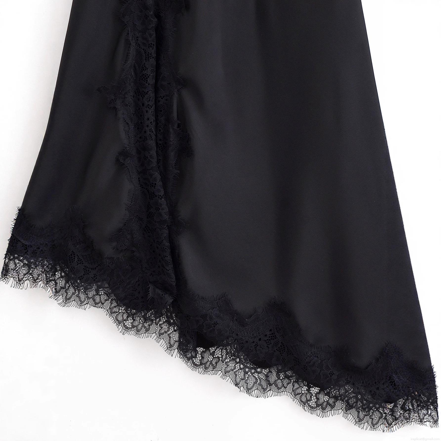 Women Sexy Black Satin Lace Patchwork Slip Dress V Neck Spaghetti Strap Sleeveless Backless Elegant Evening Party Maxi Long Dress For Ladies