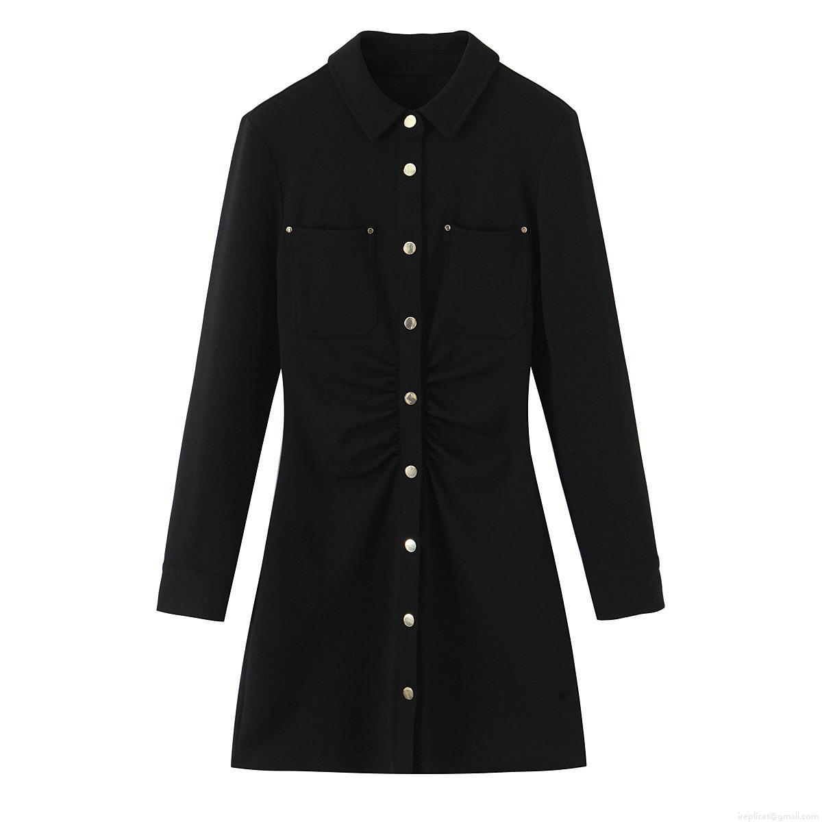 Women\'s Elegant Slim Fit Crepe Long Sleeve Midi Dress With Gold Metal Buttons Ruched Bodycon Shirt Dress For Party Office Work Ladies Fashion