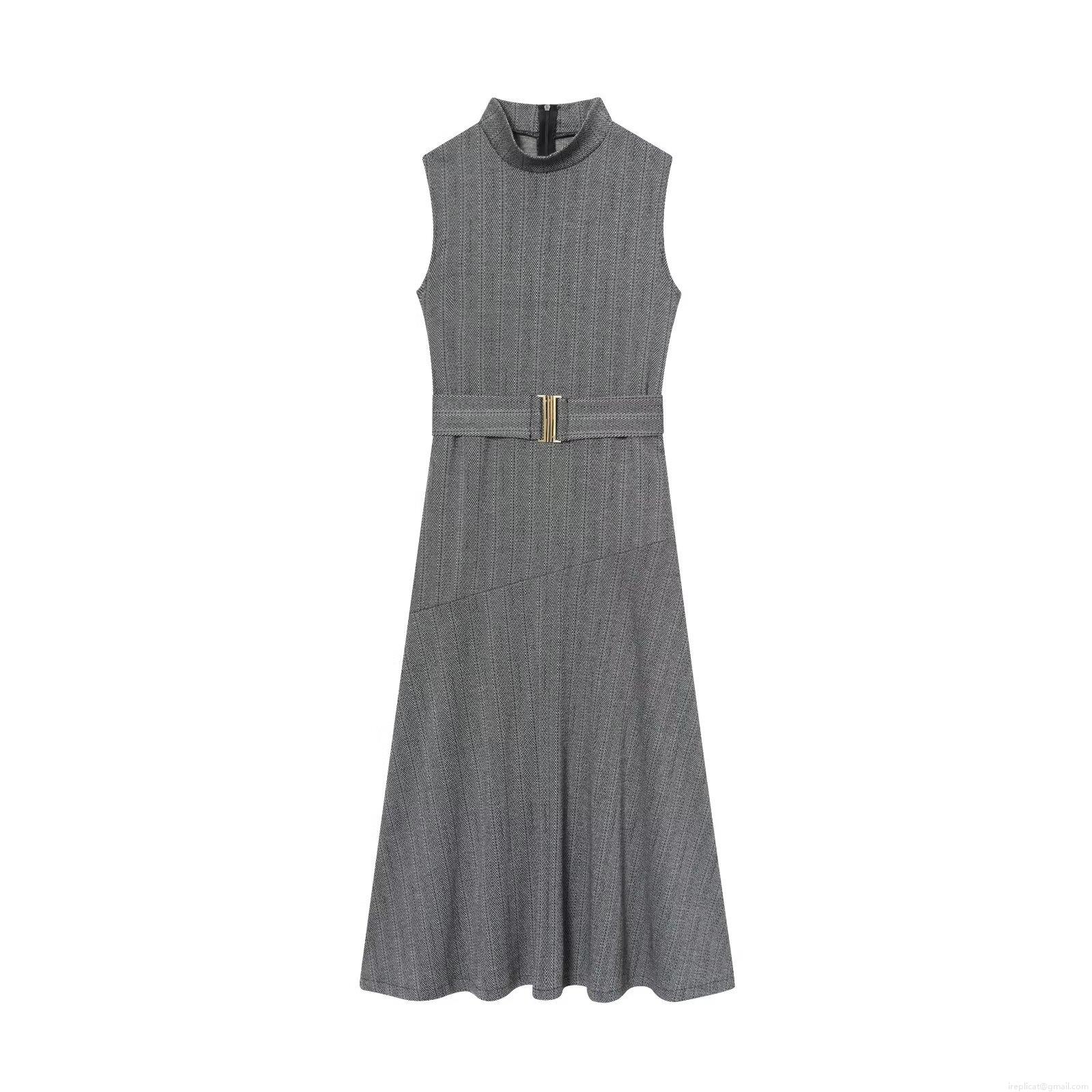 Women's Elegant Sleeveless Herringbone Midi Dress With Belt Semi High Neck Back Zipper Polyester Office Business Sheath Dress Women's Elegant Sleeveless Herringbone Midi Dress With Belt Semi High Neck Back Zipper Polyester Office Business Sheath Dress