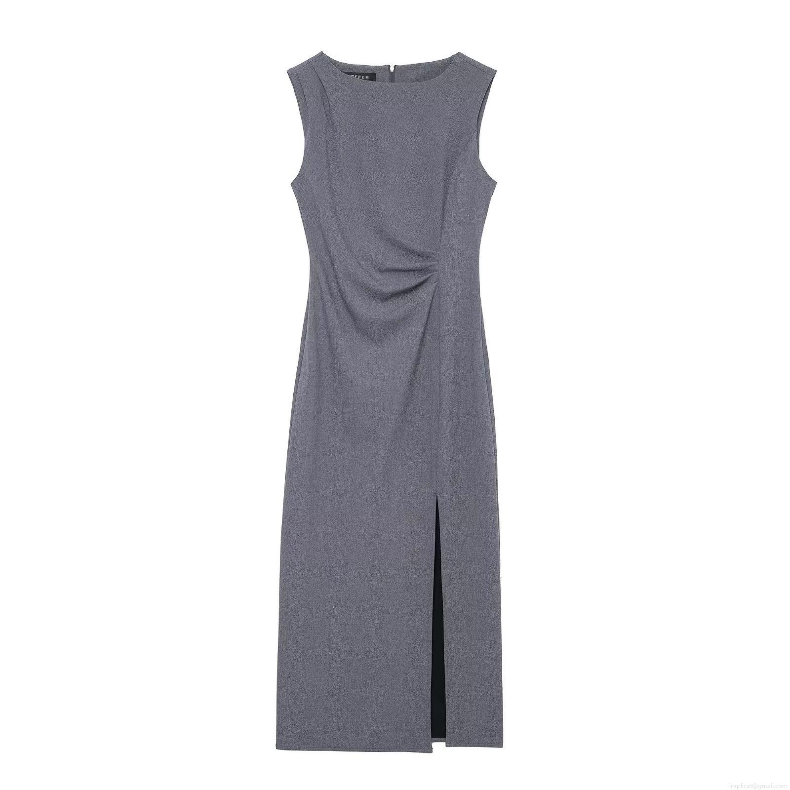 Elegant Gray Sleeveless Midi Dress Polyester Blend Pleated Waist Side Slit Slim Fit Commuter Party Dress for Women Elegant Gray Sleeveless Midi Dress Polyester Blend Pleated Waist Side Slit Slim Fit Commuter Party Dress for Women