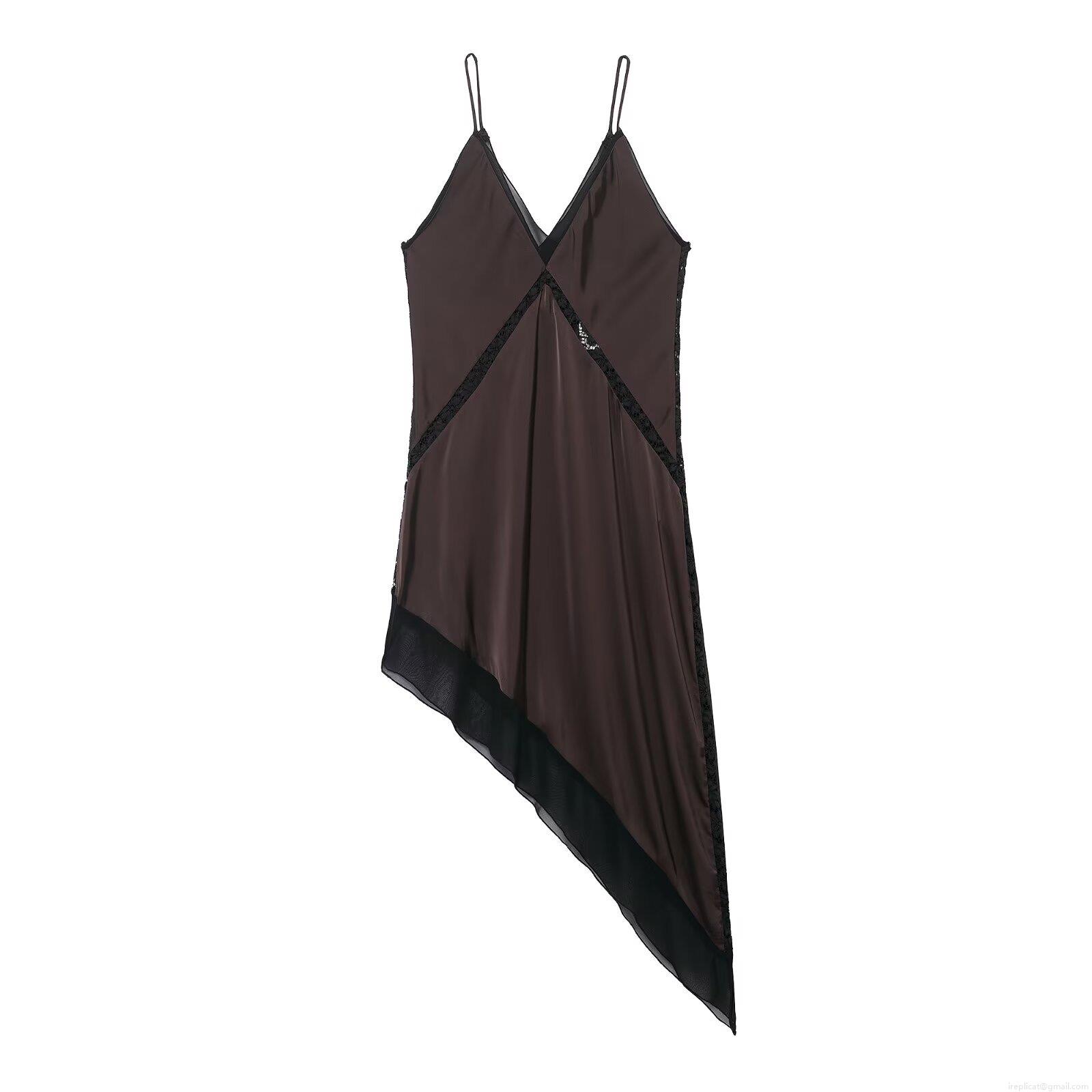 Women's Sexy Satin Slip Midi Dress Elegant V-Neck Lace Trim Asymmetrical Hem Patchwork Party Evening Dress Coffee Brown Women's Sexy Satin Slip Midi Dress Elegant V-Neck Lace Trim Asymmetrical Hem Patchwork Party Evening Dress Coffee Brown