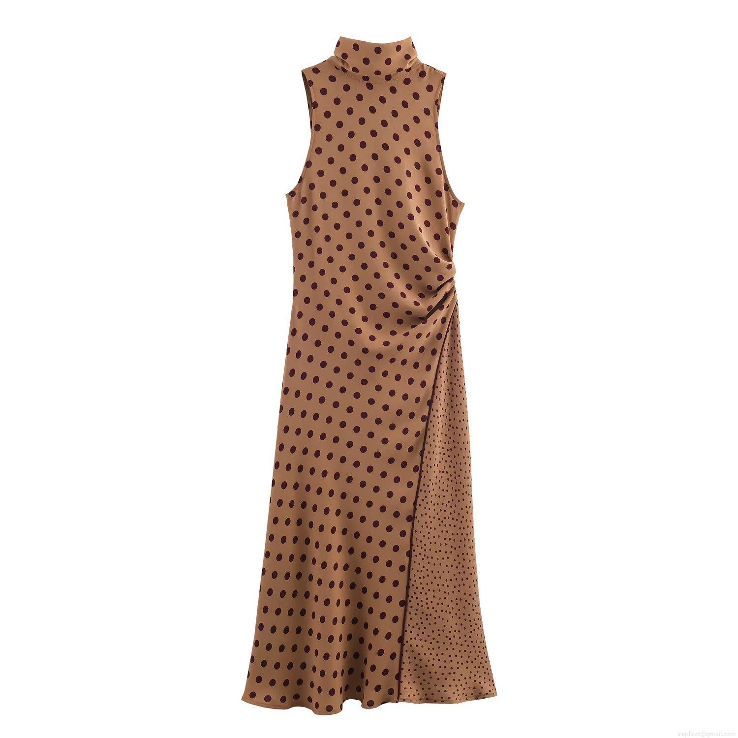 Women's Retro Polka Dot Midi Dress Elegant High Neck Bow Tie Sleeveless Ruched Bodycon Polyester Satin Dress For Party Date Women's Retro Polka Dot Midi Dress Elegant High Neck Bow Tie Sleeveless Ruched Bodycon Polyester Satin Dress For Party Date