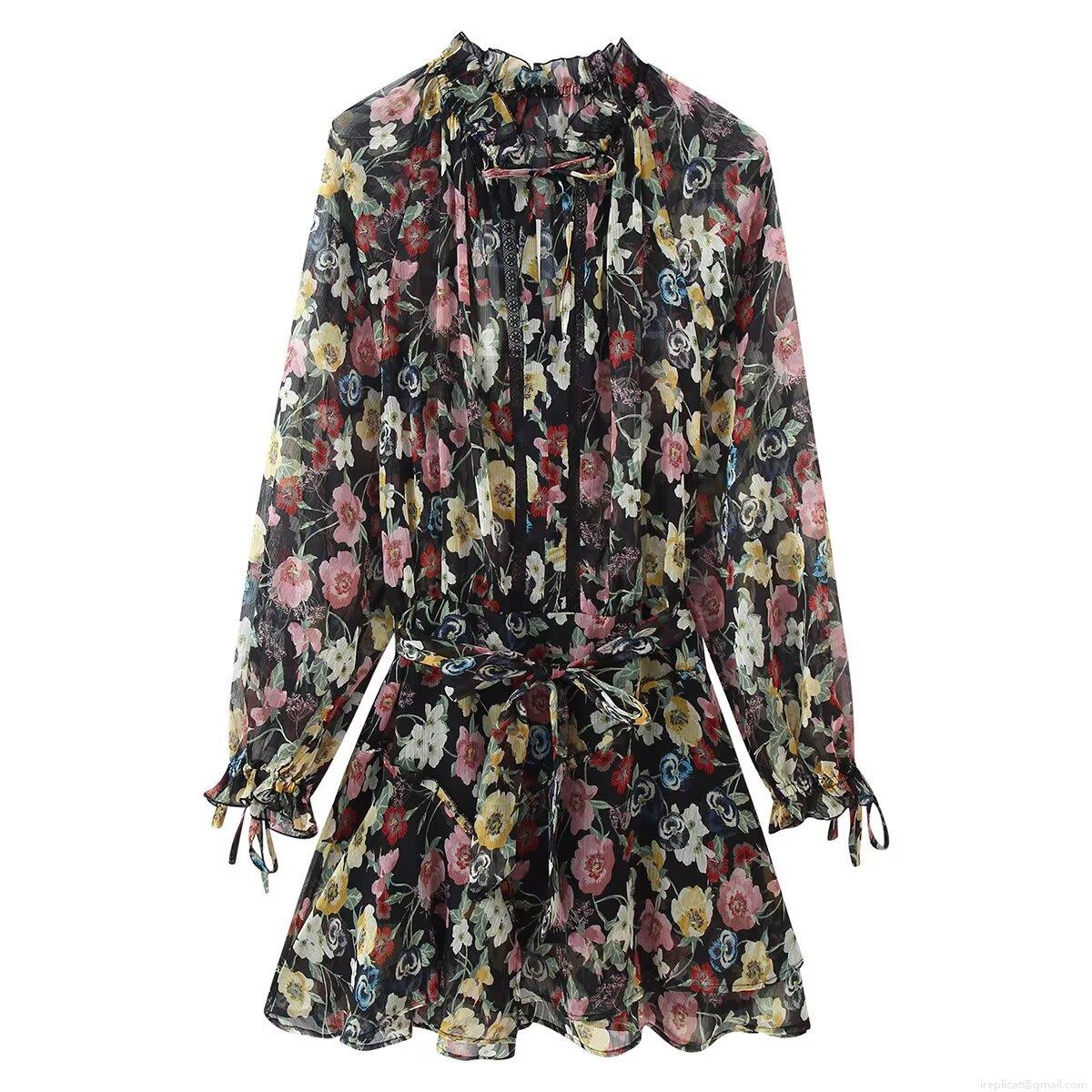 Women's Elegant Floral Print Midi Dress Long Sleeve Ruffle Neck Chiffon Texture Vacation Style Pullover Dress With Bow Tie Belt Party Clubwear Women's Elegant Floral Print Midi Dress Long Sleeve Ruffle Neck Chiffon Texture Vacation Style Pullover Dress With Bow Tie Belt Party Clubwear