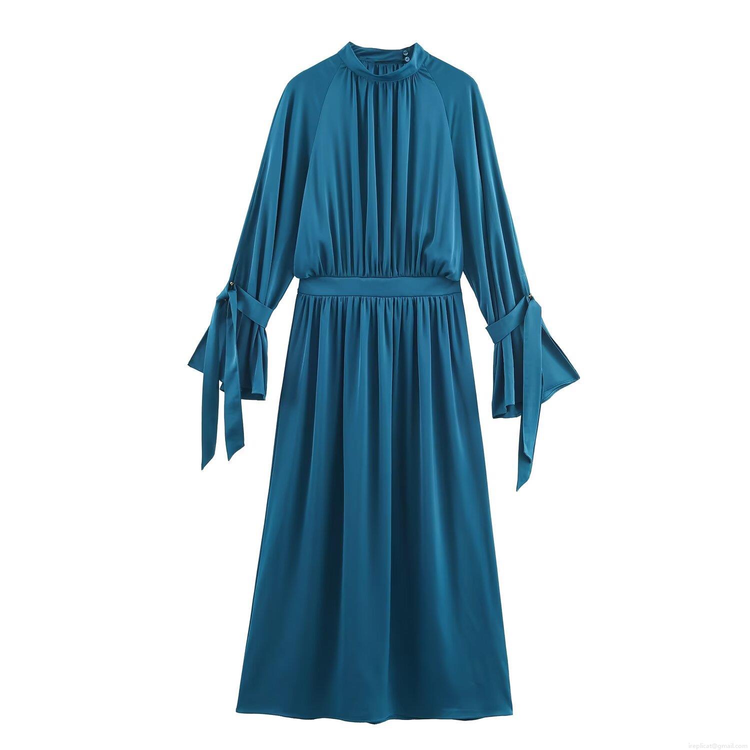 Elegant Satin Mock Neck Maxi Dress Long Sleeve Flare Cuff Ruched Swing Long Dress For Women Evening Party Banquet Cocktail Wedding Guest Dresses Elegant Satin Mock Neck Maxi Dress Long Sleeve Flare Cuff Ruched Swing Long Dress For Women Evening Party Banquet Cocktail Wedding Guest Dresses