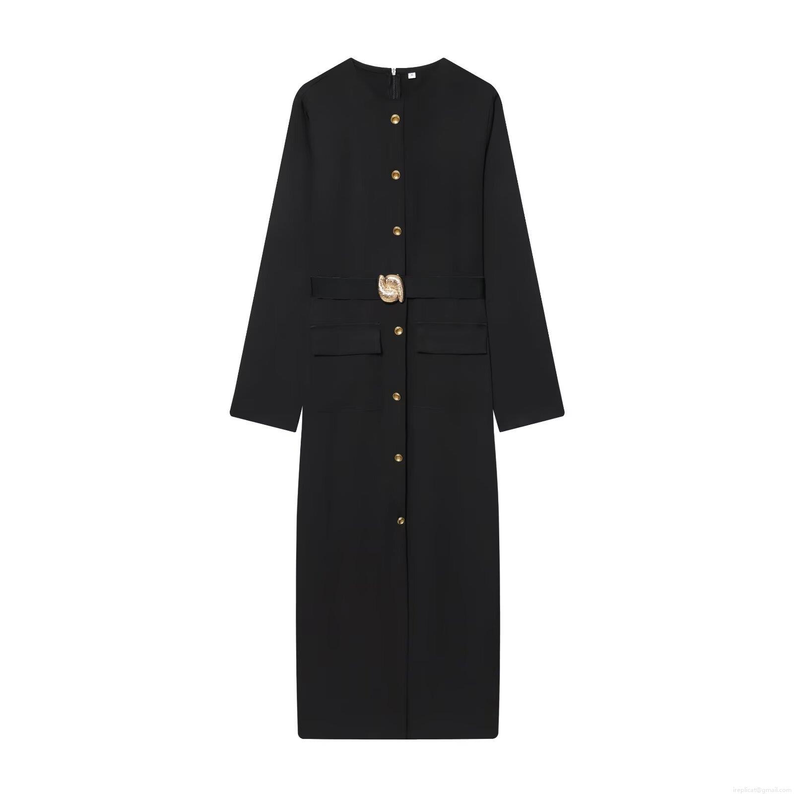Elegant Black Bodycon Midi Dress For Women Long Sleeve Belted Shirt Dress With Gold Buttons Round Neck Split Hem Office Party Wear