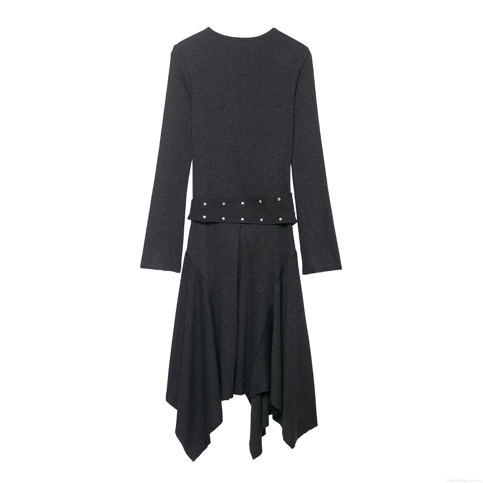 Women's Elegant Long Sleeve Knit Midi Dress With Asymmetric Hem And Metal Eyelet Belt Solid Color Bodycon Fish Tail Dress For Party Evening Women's Elegant Long Sleeve Knit Midi Dress With Asymmetric Hem And Metal Eyelet Belt Solid Color Bodycon Fish Tail Dress For Party Evening