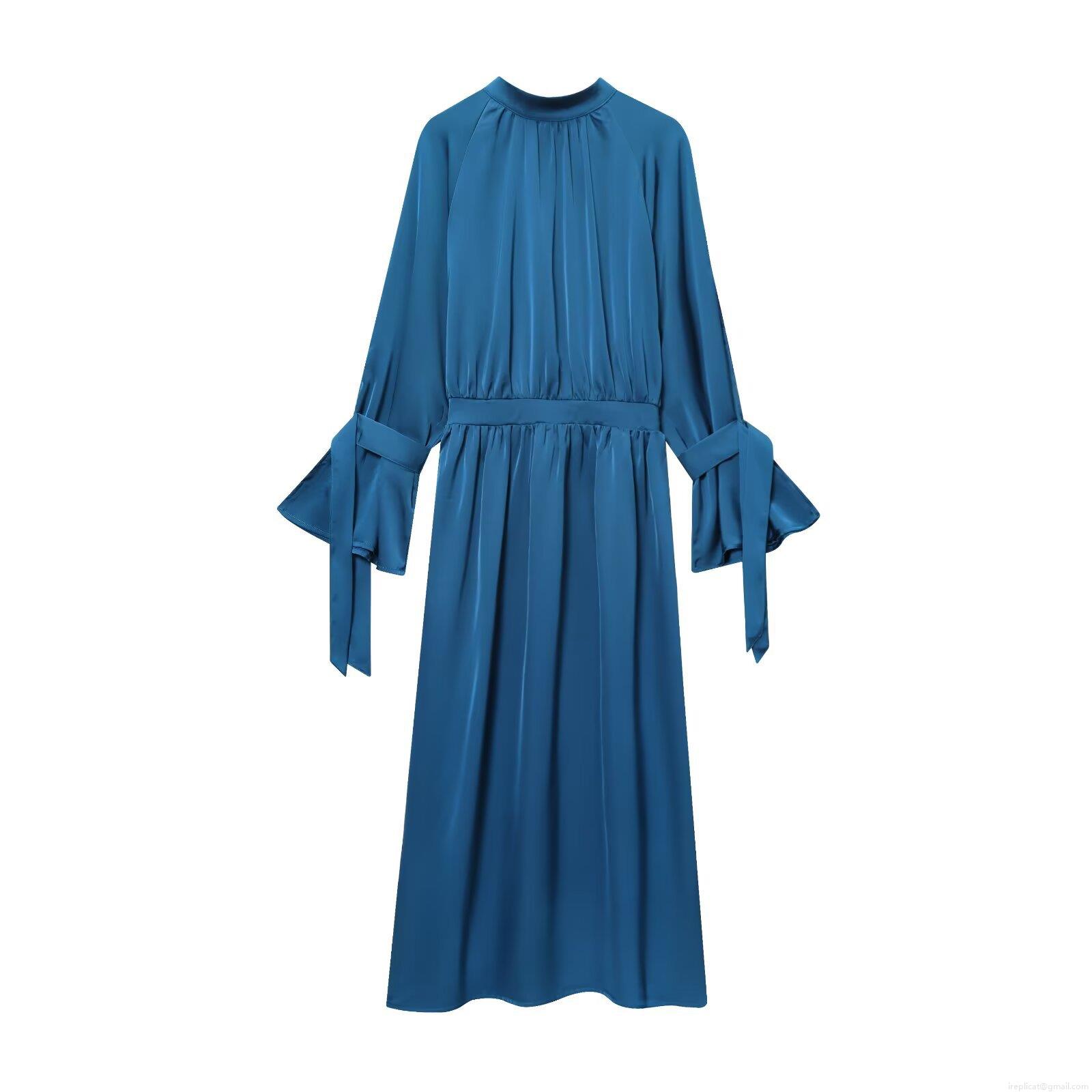 Elegant Sky Blue Acetate Satin High Neck Maxi Dress Long Sleeve Bow Cuff Cocktail Party Evening Gown For Women Elegant Sky Blue Acetate Satin High Neck Maxi Dress Long Sleeve Bow Cuff Cocktail Party Evening Gown For Women