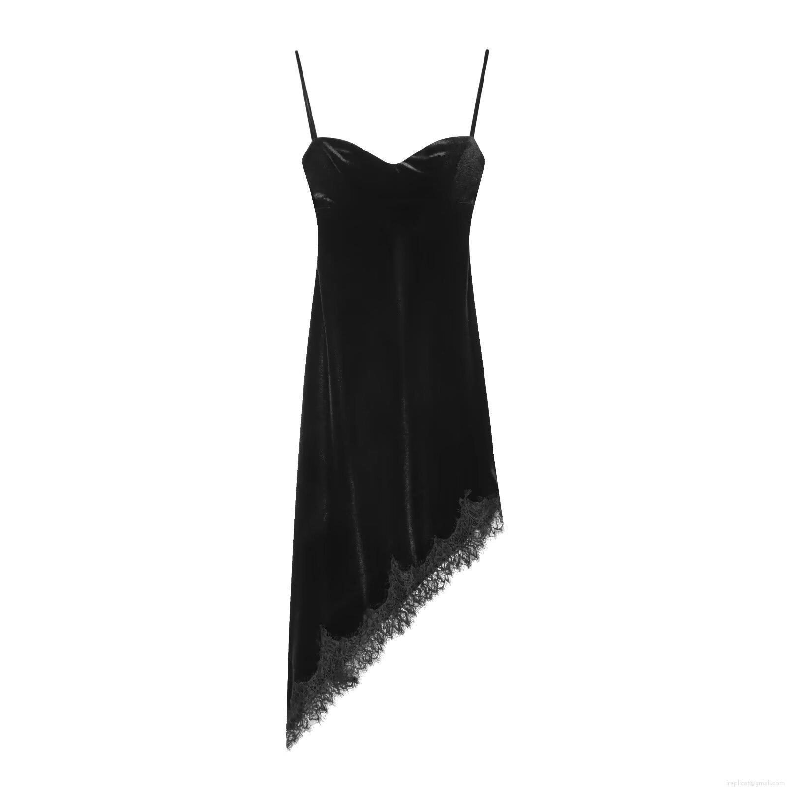 Women Sexy Black Velvet Lace Midi Dress Asymmetric Backless Cami Dress Elegant Polyester Slip Party Dress For Vacation Night Out