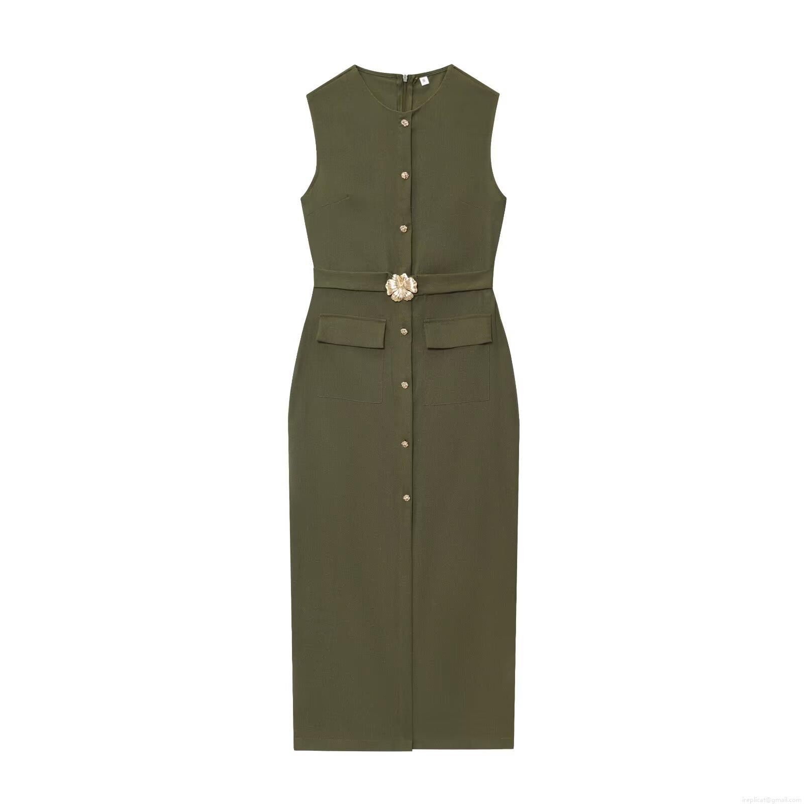 Women Elegant Sleeveless Round Neck Single Breasted Midi Dress With Belt Solid Color Linen Cotton Casual Party Office Gown Bodycon Vestidos Women Elegant Sleeveless Round Neck Single Breasted Midi Dress With Belt Solid Color Linen Cotton Casual Party Office Gown Bodycon Vestidos