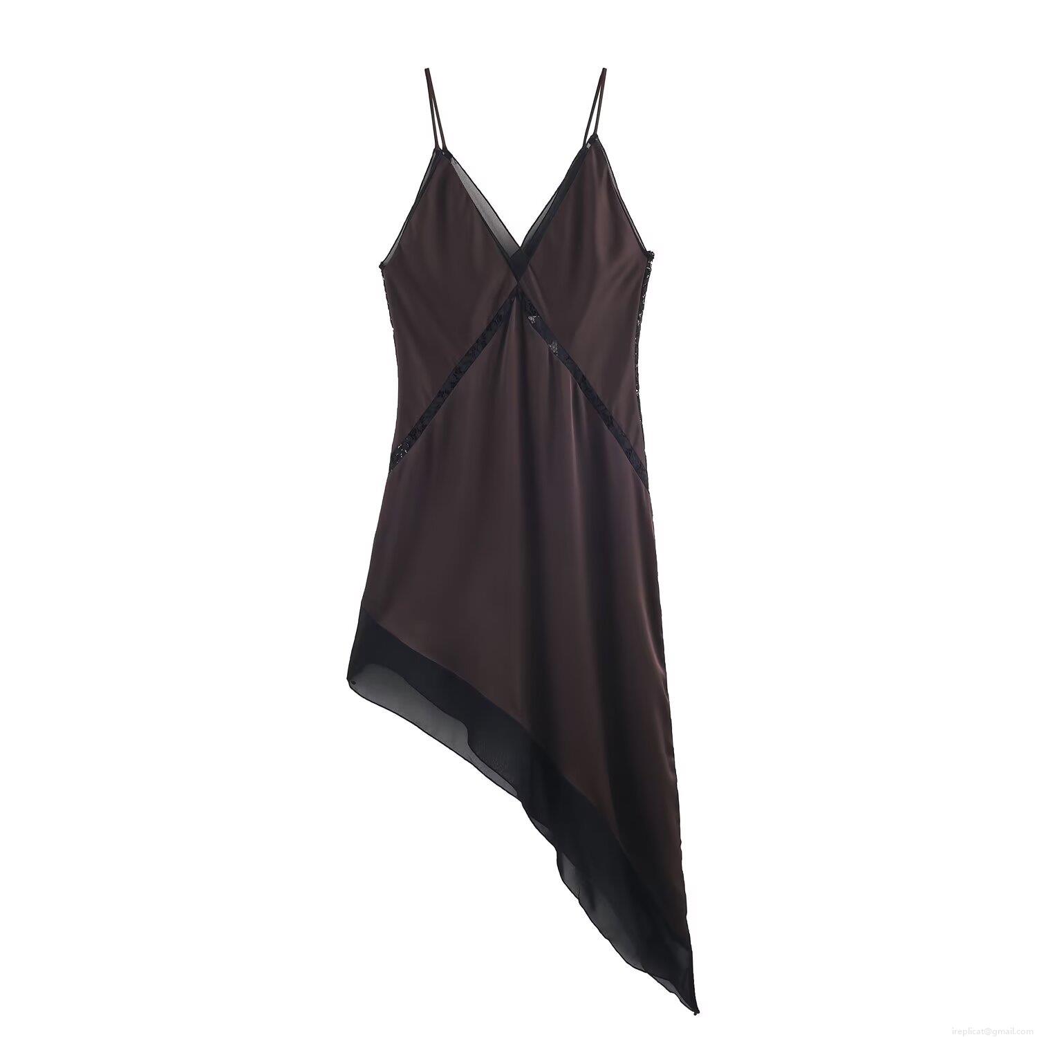 Women's V-Neck Satin Asymmetric Midi Dress Lace Mesh Trim Sleeveless Spaghetti Strap Slip Dress Deep Brown Vacation Party Elegant Evening Cami Dress Women's V-Neck Satin Asymmetric Midi Dress Lace Mesh Trim Sleeveless Spaghetti Strap Slip Dress Deep Brown Vacation Party Elegant Evening Cami Dress