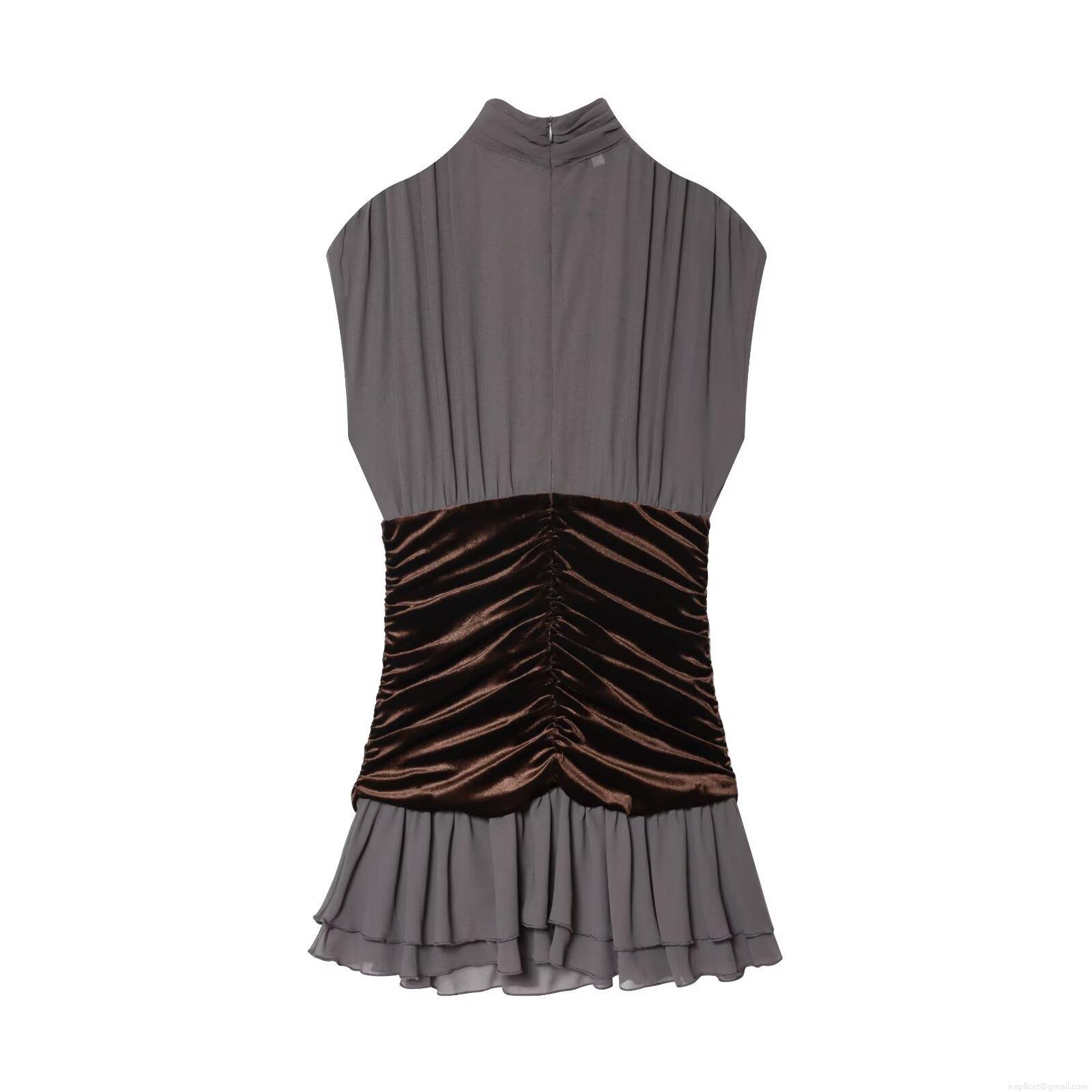 Elegant Women's Sleeveless Patchwork Midi Dress Velvet Ruched Bodycon Dress Colorblock Grey Brown Chiffon Ruffle Hem High Neck Evening Party Clubwear Dress Elegant Women's Sleeveless Patchwork Midi Dress Velvet Ruched Bodycon Dress Colorblock Grey Brown Chiffon Ruffle Hem High Neck Evening Party Clubwear Dress